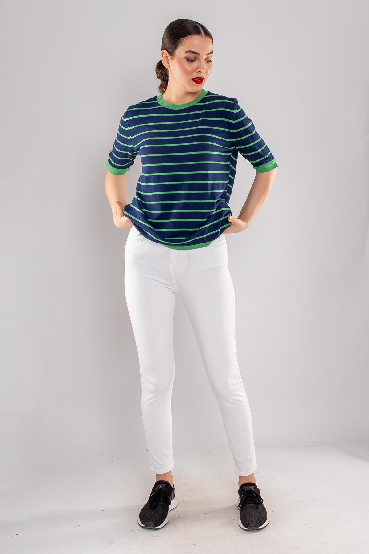 814 Bisiklet Yaka Çizgili Kısa Kol İki Renkli Merserize Kadın Triko