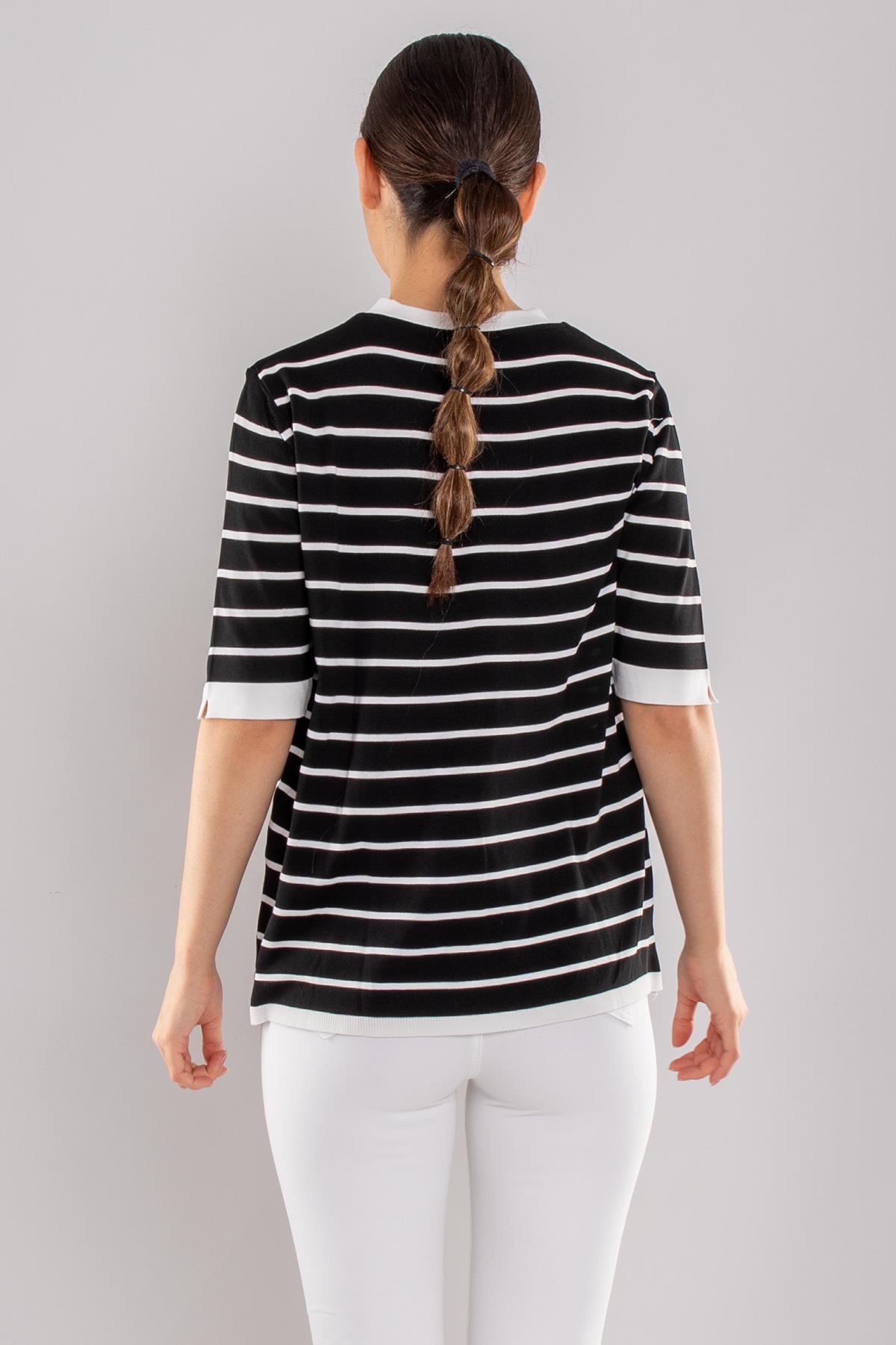 814 Bisiklet Yaka Çizgili Kısa Kol İki Renkli Merserize Kadın Triko