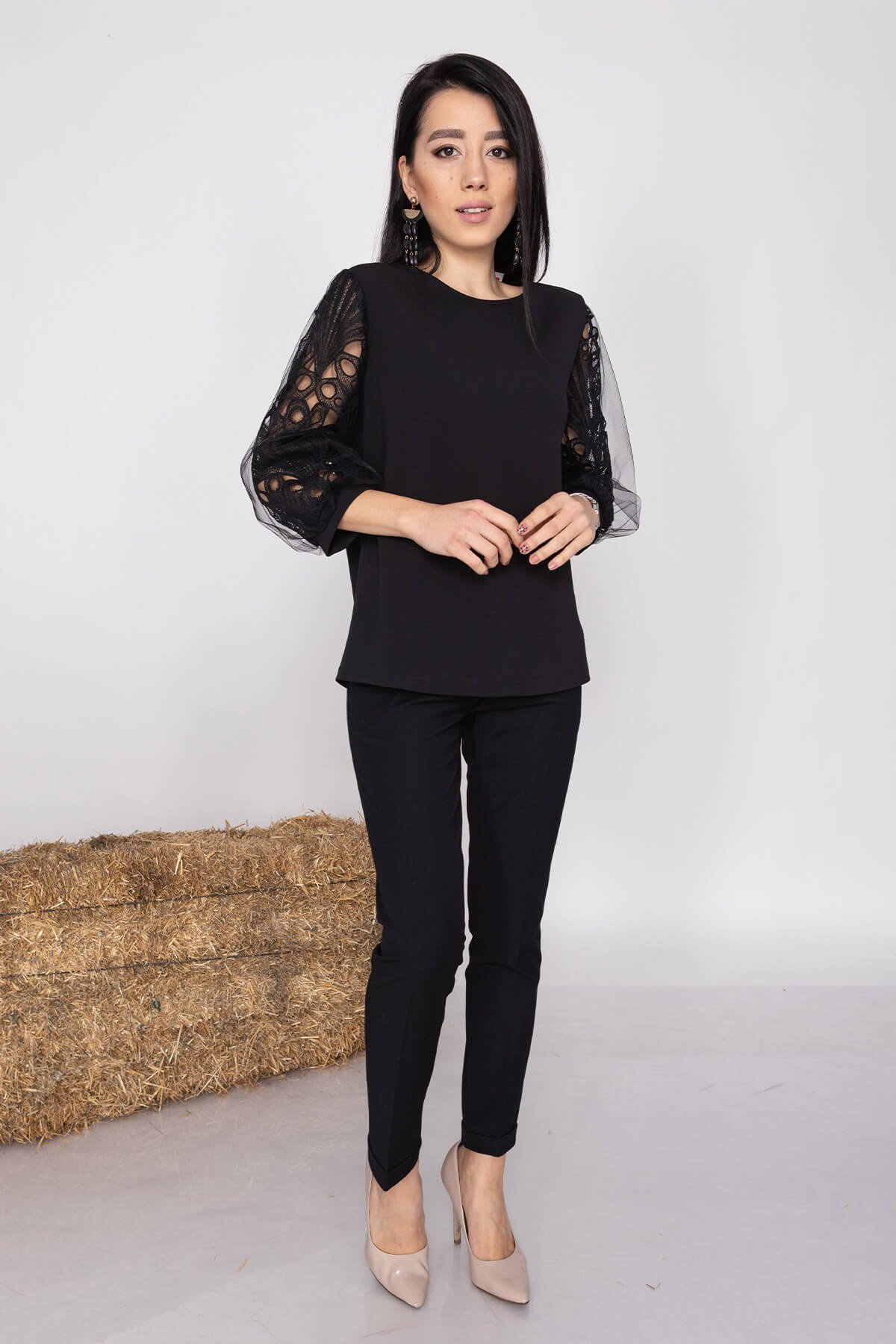 81446 BalonTül Kol  Krep Bluz