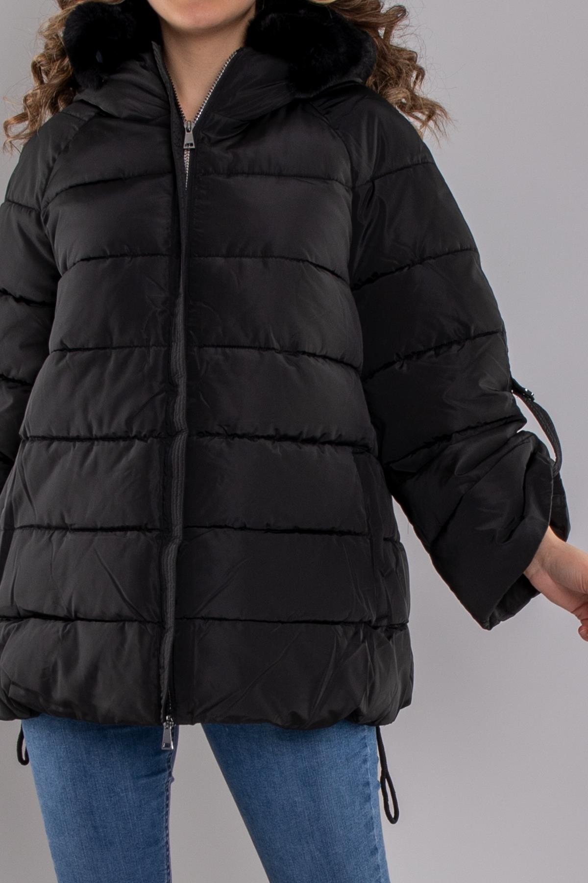 8151 Kapüşonu Peluş Kürk Kol Katlamalı Kapitone Mont