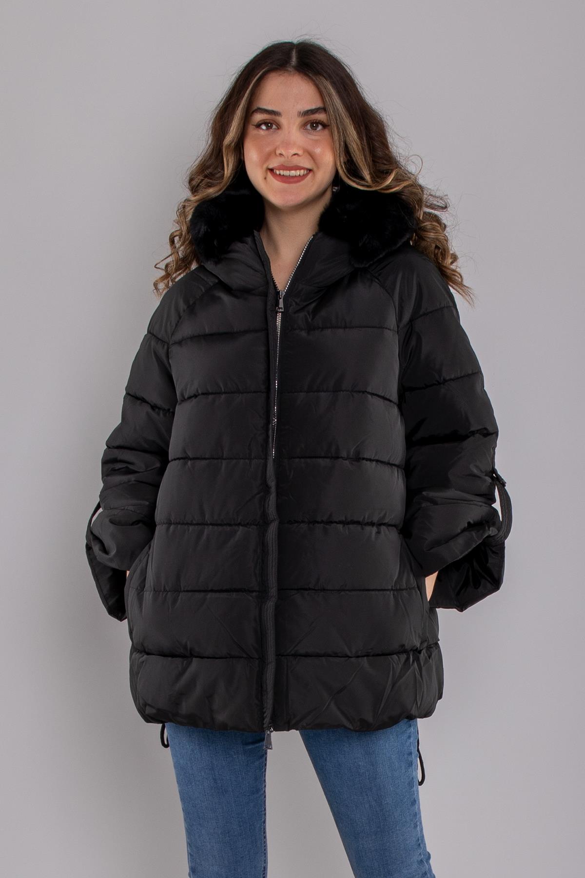 8151 Kapüşonu Peluş Kürk Kol Katlamalı Kapitone Mont