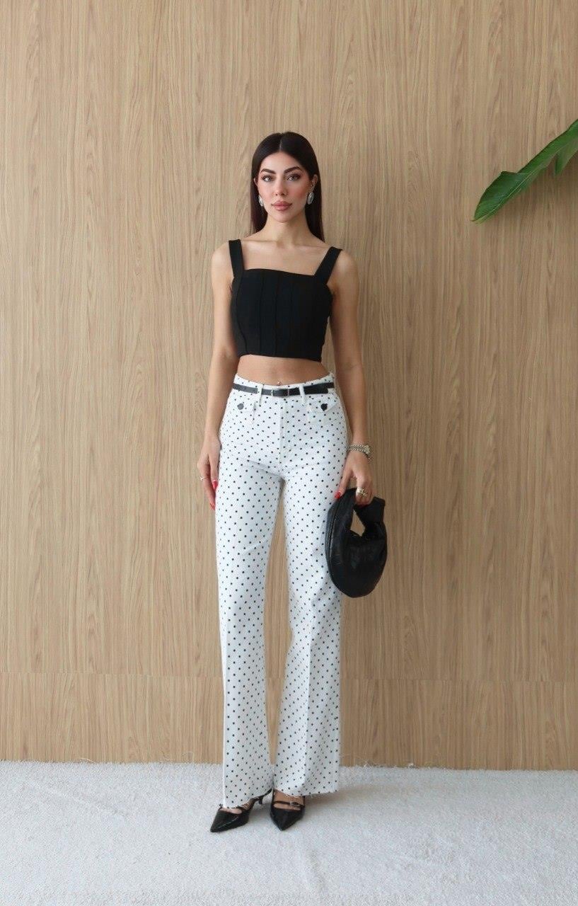 8158 Yüksek Bel Puantiyeli Kemerli Kesik Paça Wide Leg Pantolon