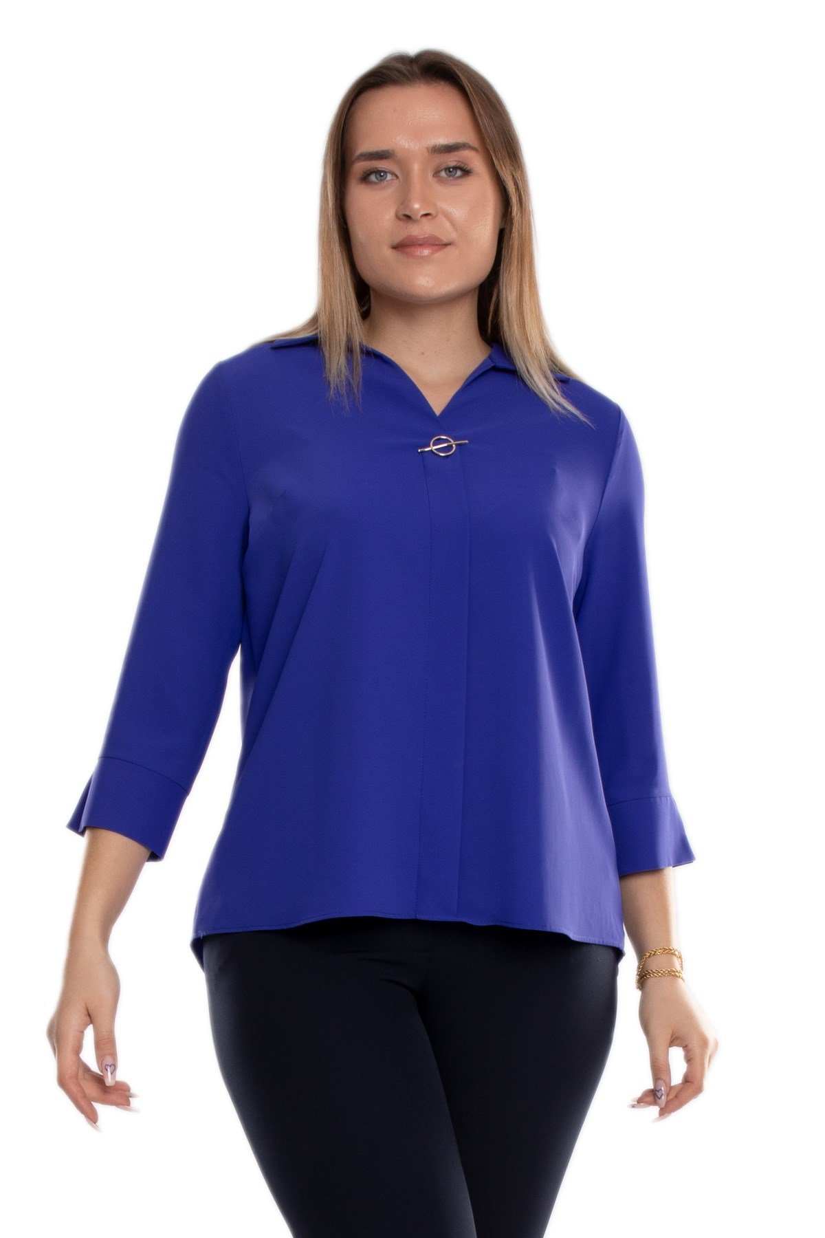 81592 Büyük Beden Broşlu Truvakar Kol Krep Bluz