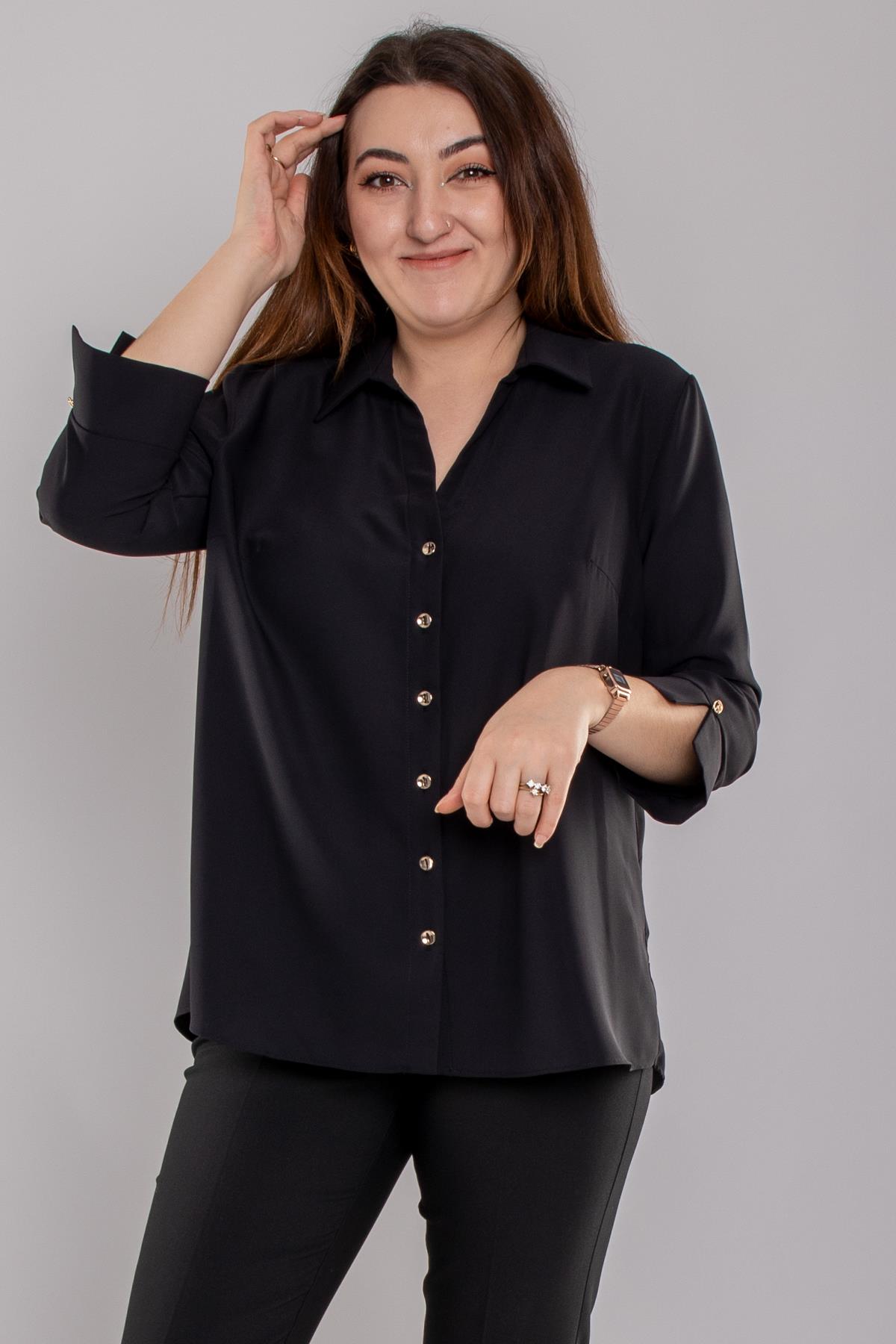 81834 Büyük Beden Truvakar Kol Kruvaze Yaka Düğmeli Krep BLuz