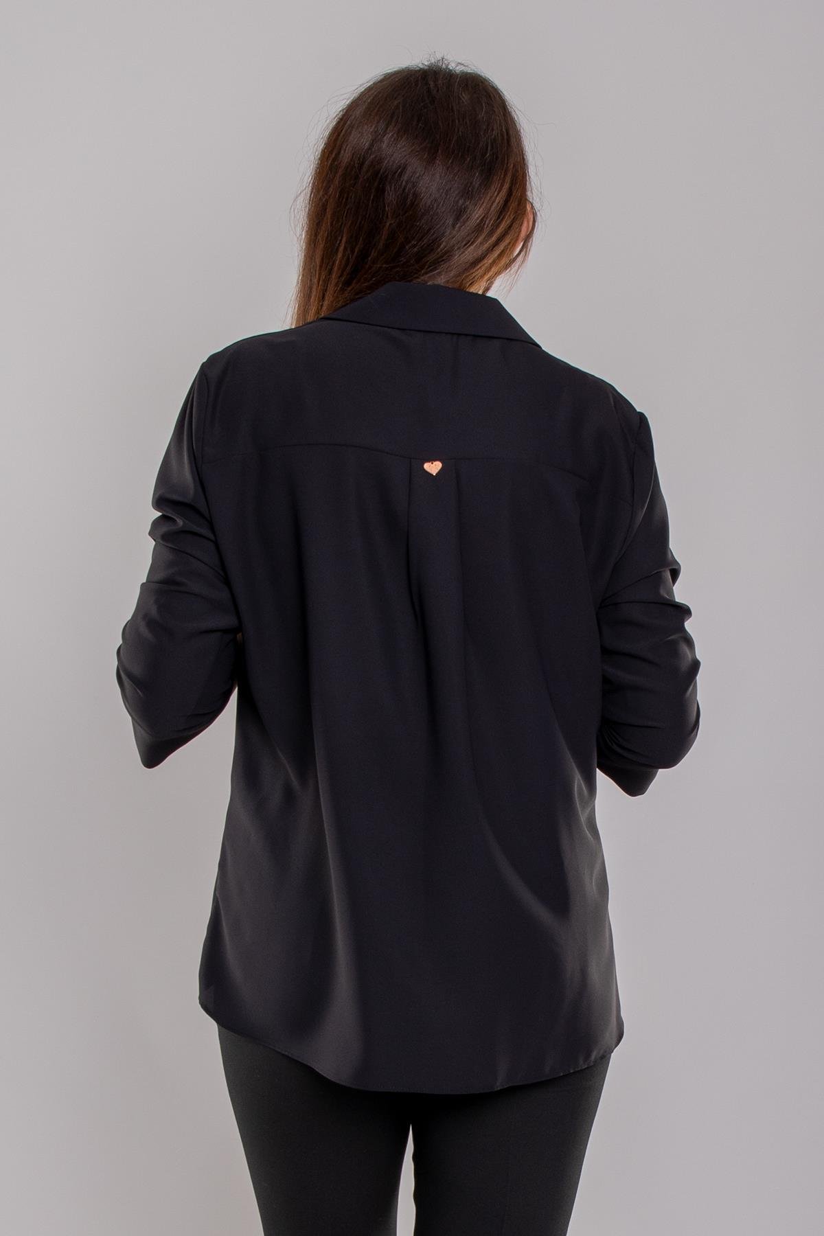 81834 Büyük Beden Truvakar Kol Kruvaze Yaka Düğmeli Krep BLuz