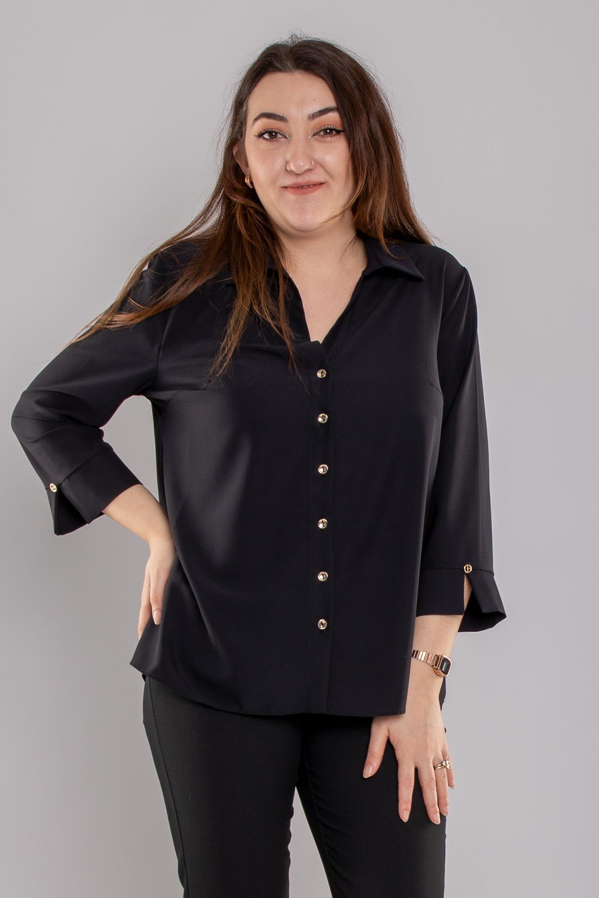 81834 Büyük Beden Truvakar Kol Kruvaze Yaka Düğmeli Krep BLuz