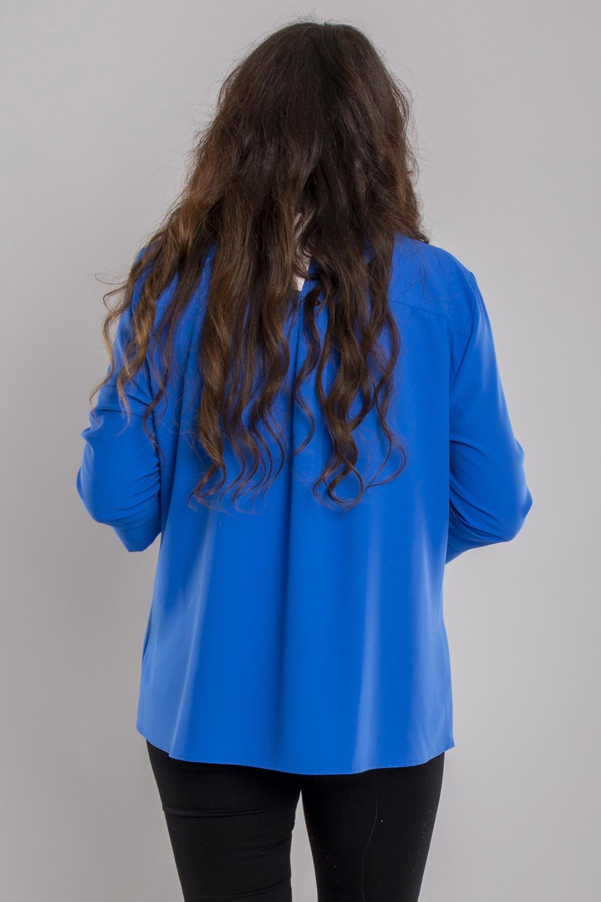 81834 Büyük Beden Truvakar Kol Kruvaze Yaka Düğmeli Krep BLuz