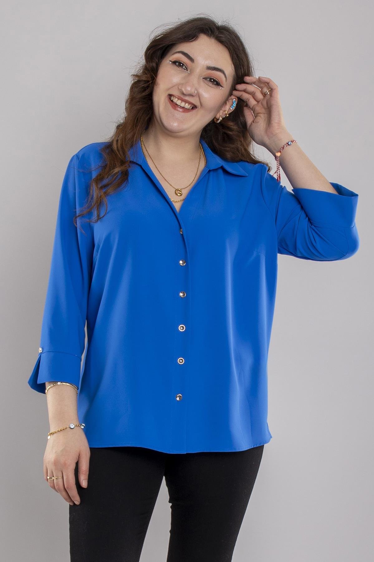 81834 Büyük Beden Truvakar Kol Kruvaze Yaka Düğmeli Krep BLuz