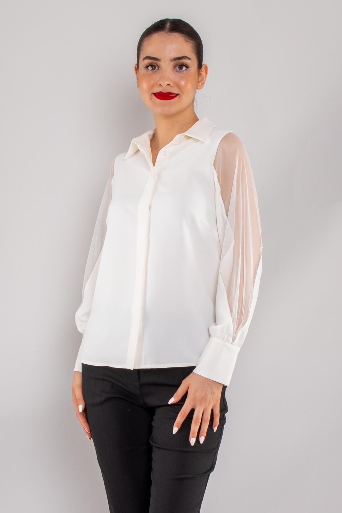 81839 Organze Tül Kol Krep Zincir Detay Gömlek