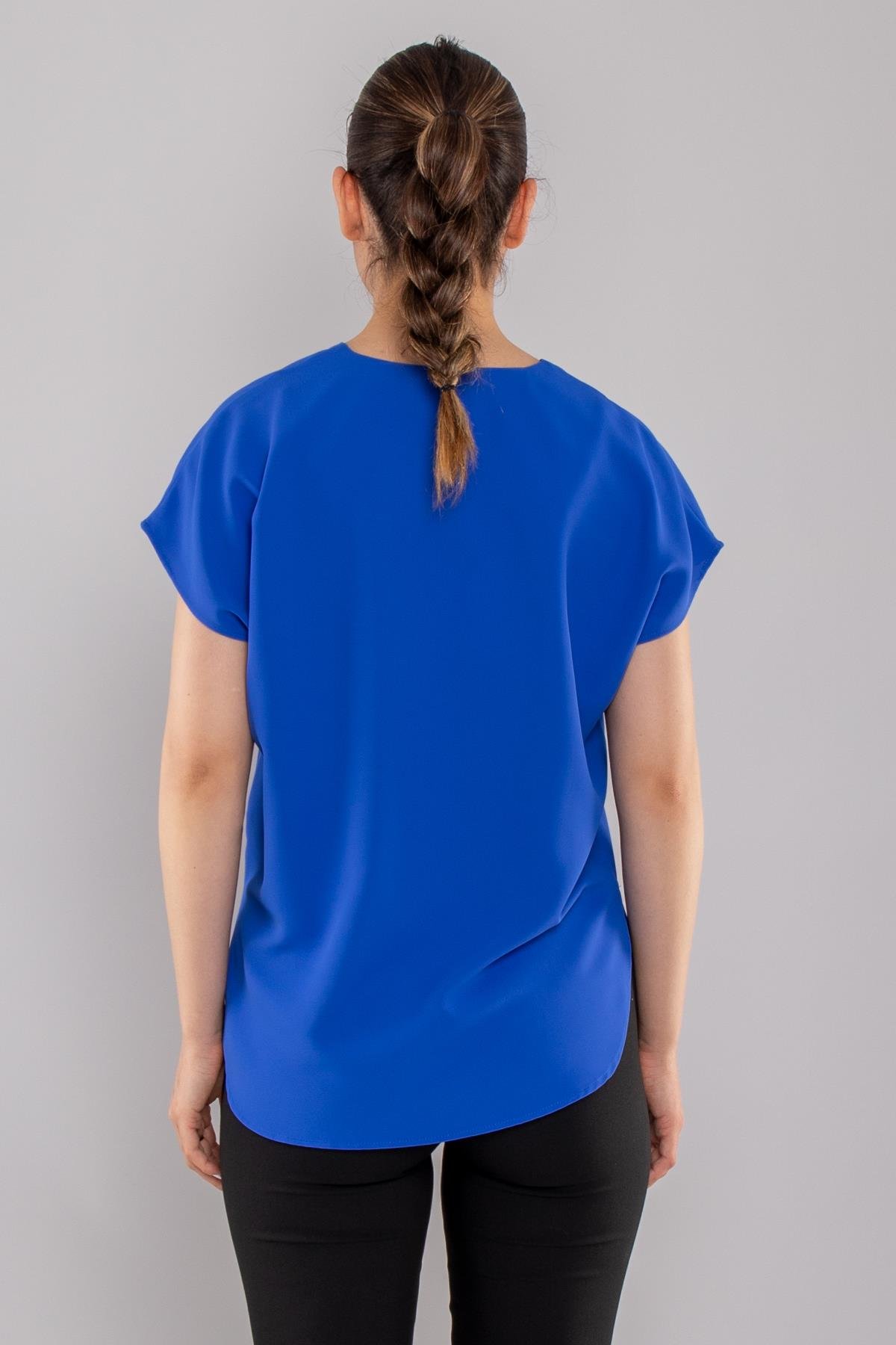 81908 Vyaka Broşlu Kısa Kol Krep Şifon Bluz