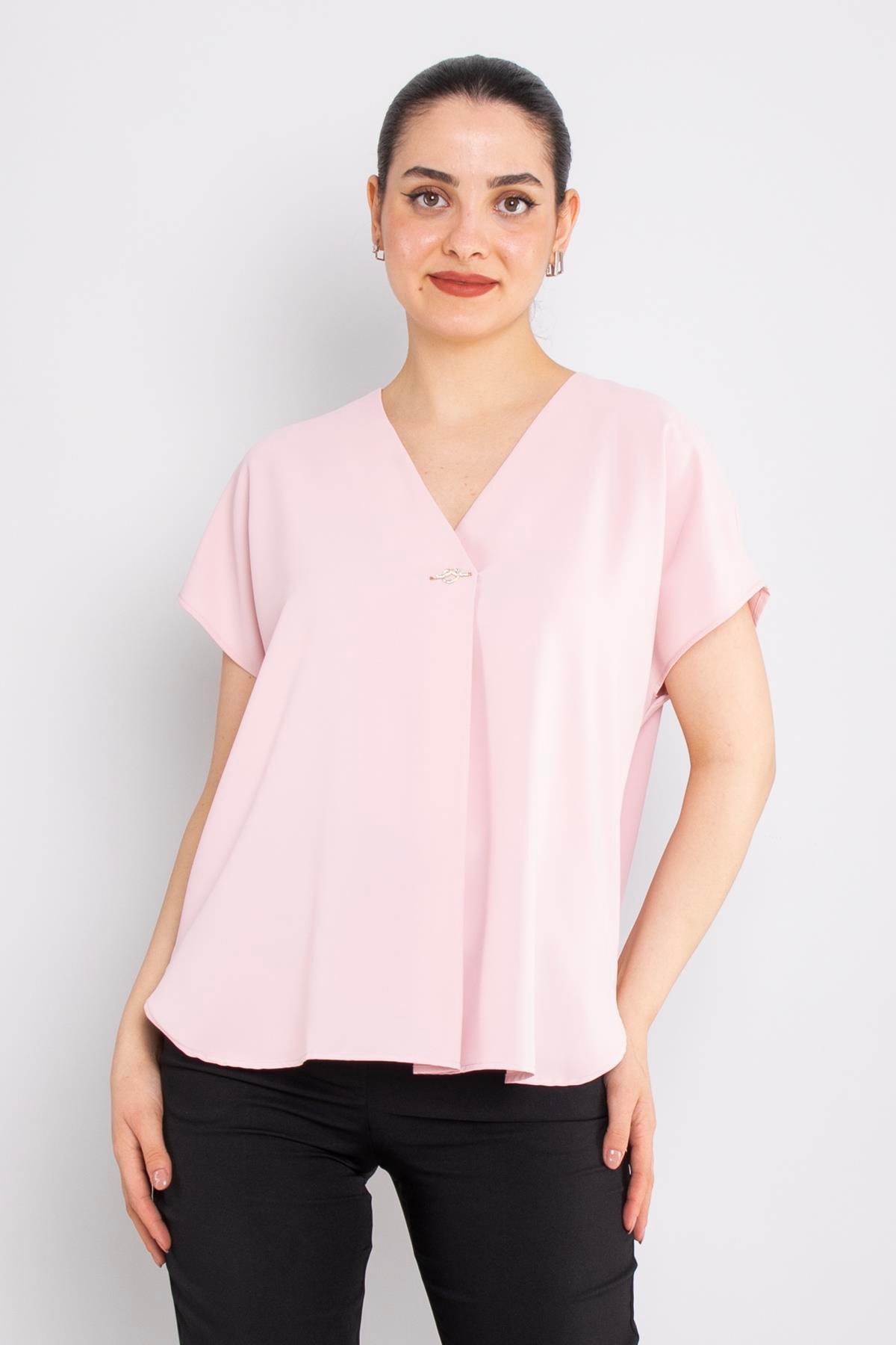 81908 Vyaka Broşlu Kısa Kol Krep Şifon Bluz