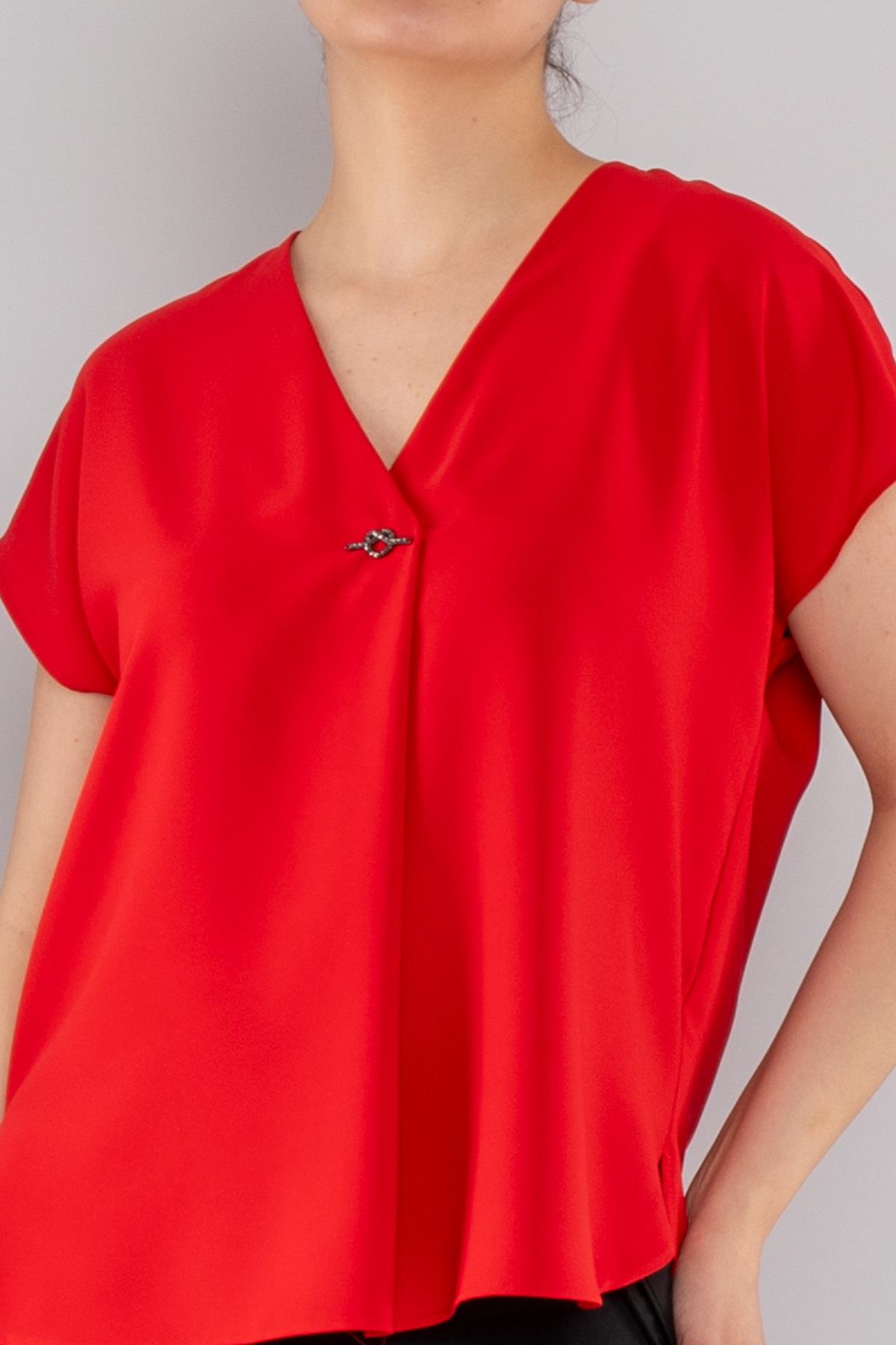 81908 Vyaka Broşlu Kısa Kol Krep Şifon Bluz