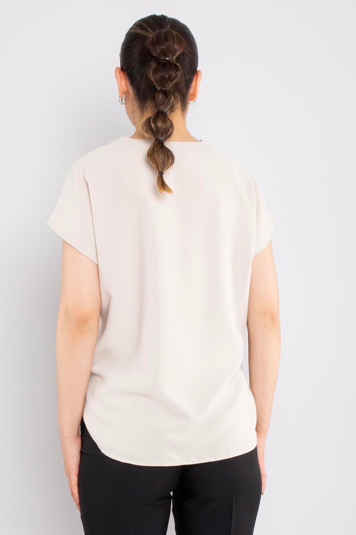 81908 Vyaka Broşlu Kısa Kol Krep Şifon Bluz