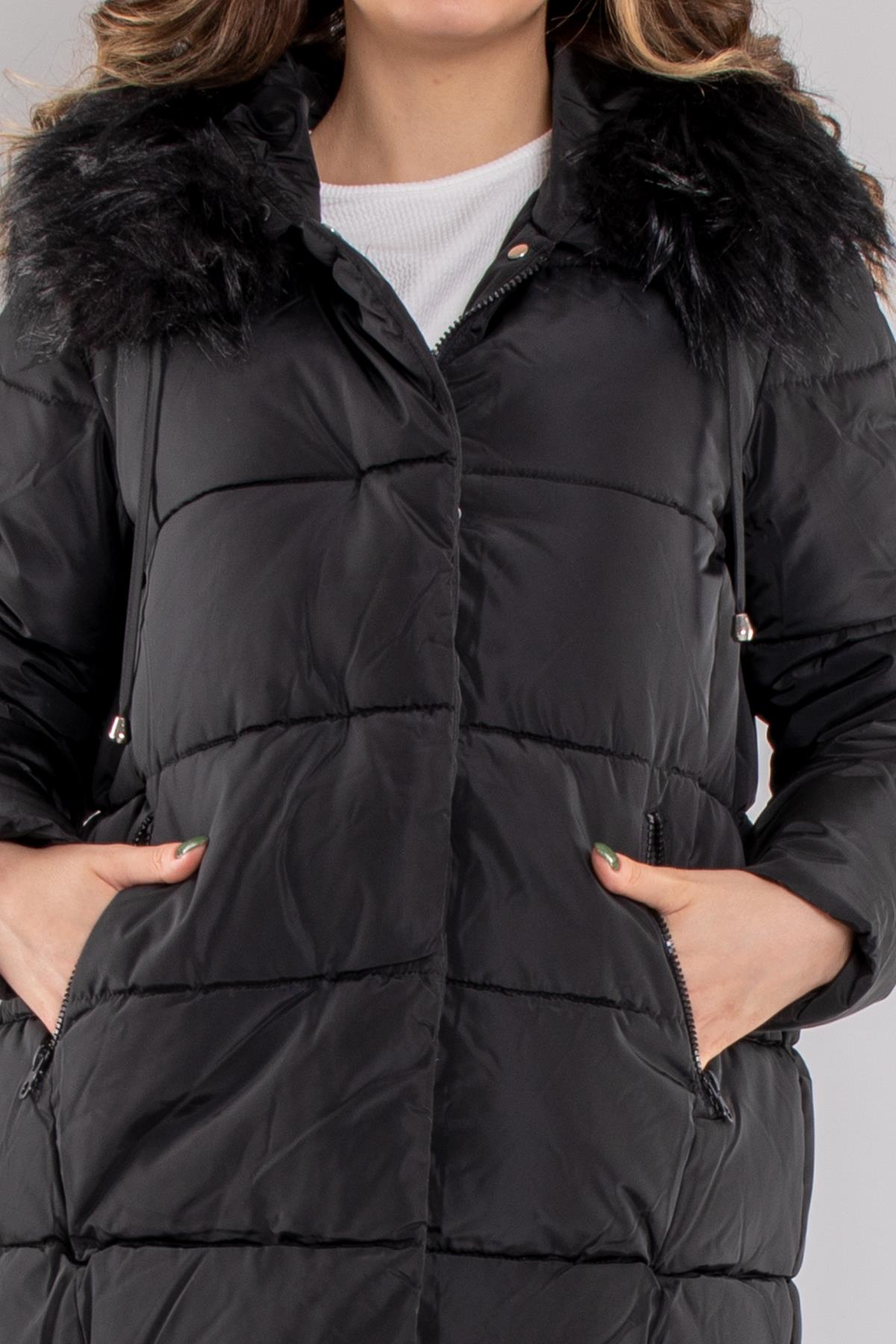 8208 Kapüşonu Kürklü Çıtçıtlı Şişme Mont