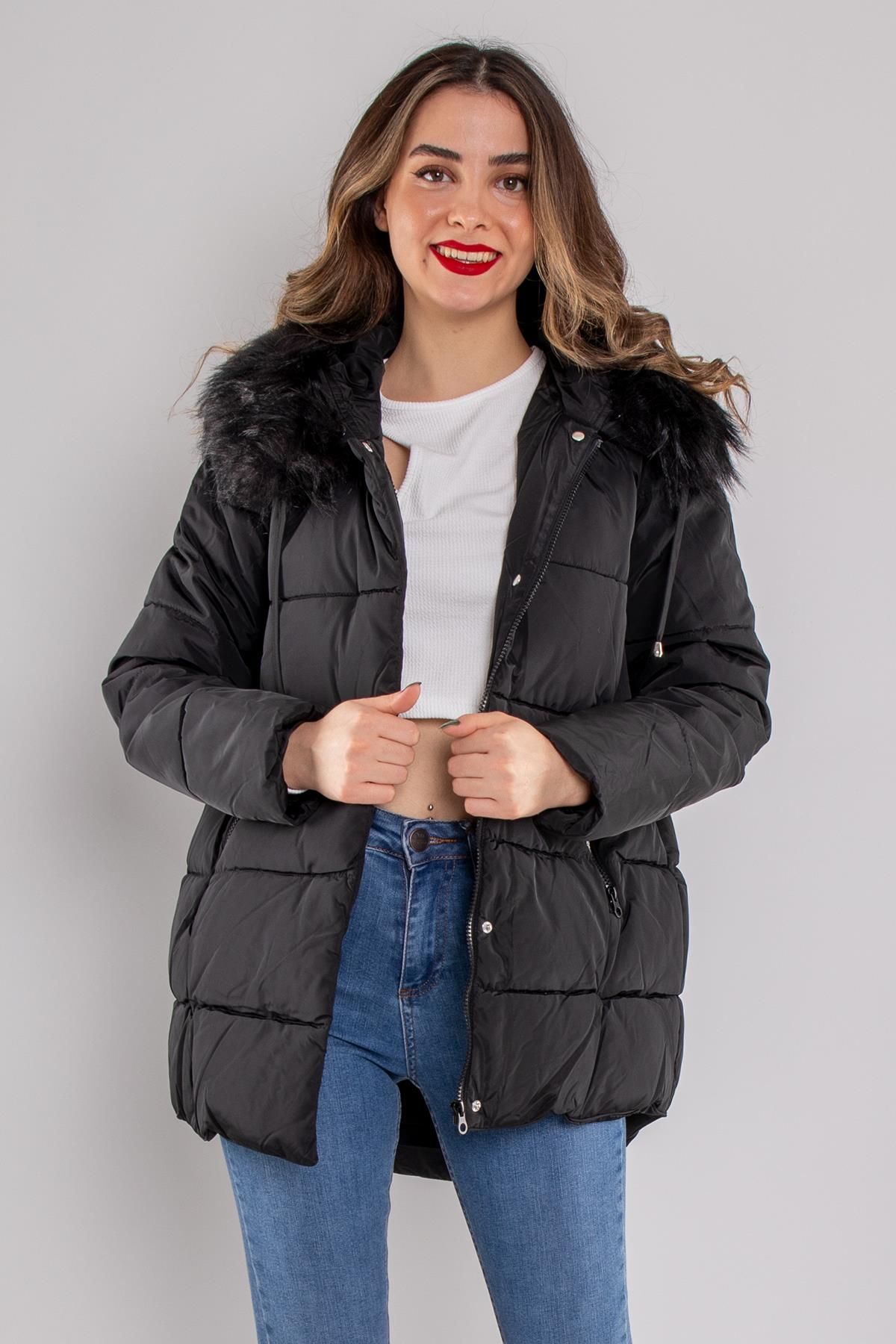 8208 Kapüşonu Kürklü Çıtçıtlı Şişme Mont