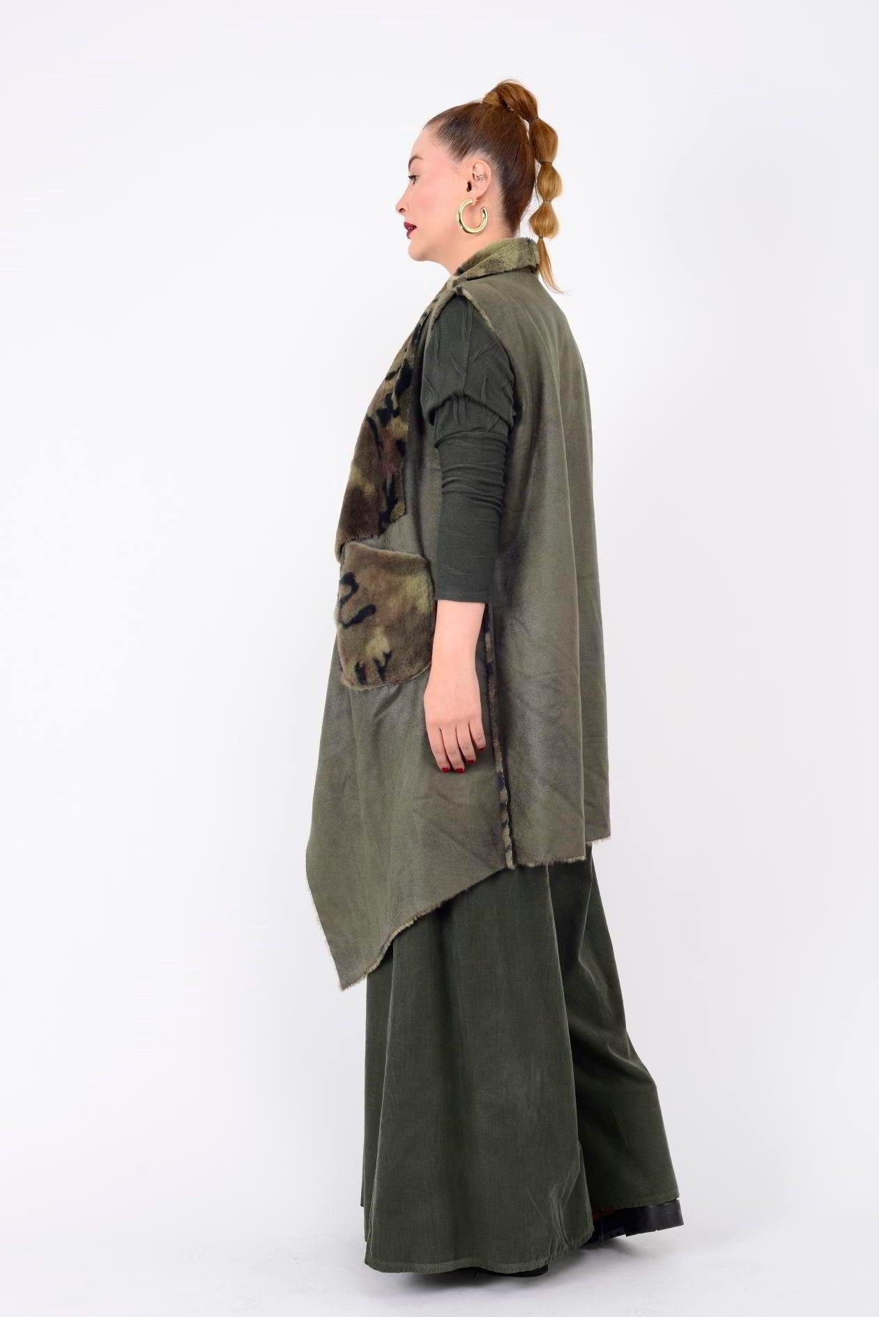 84700 Leopar Desen İçi Kürklü Uzun Yelek