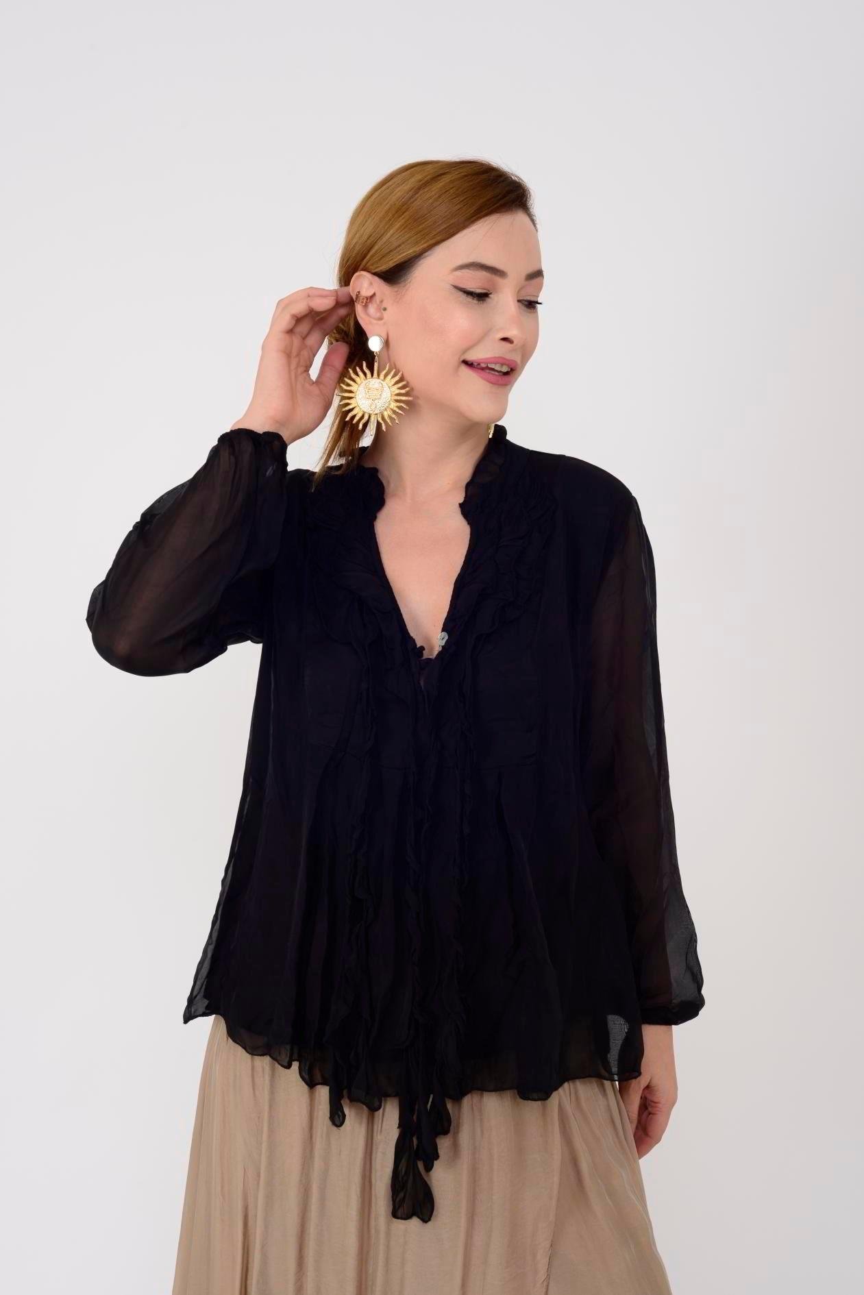 8603 Düğme Detay Fırfırlı İpek Bluz