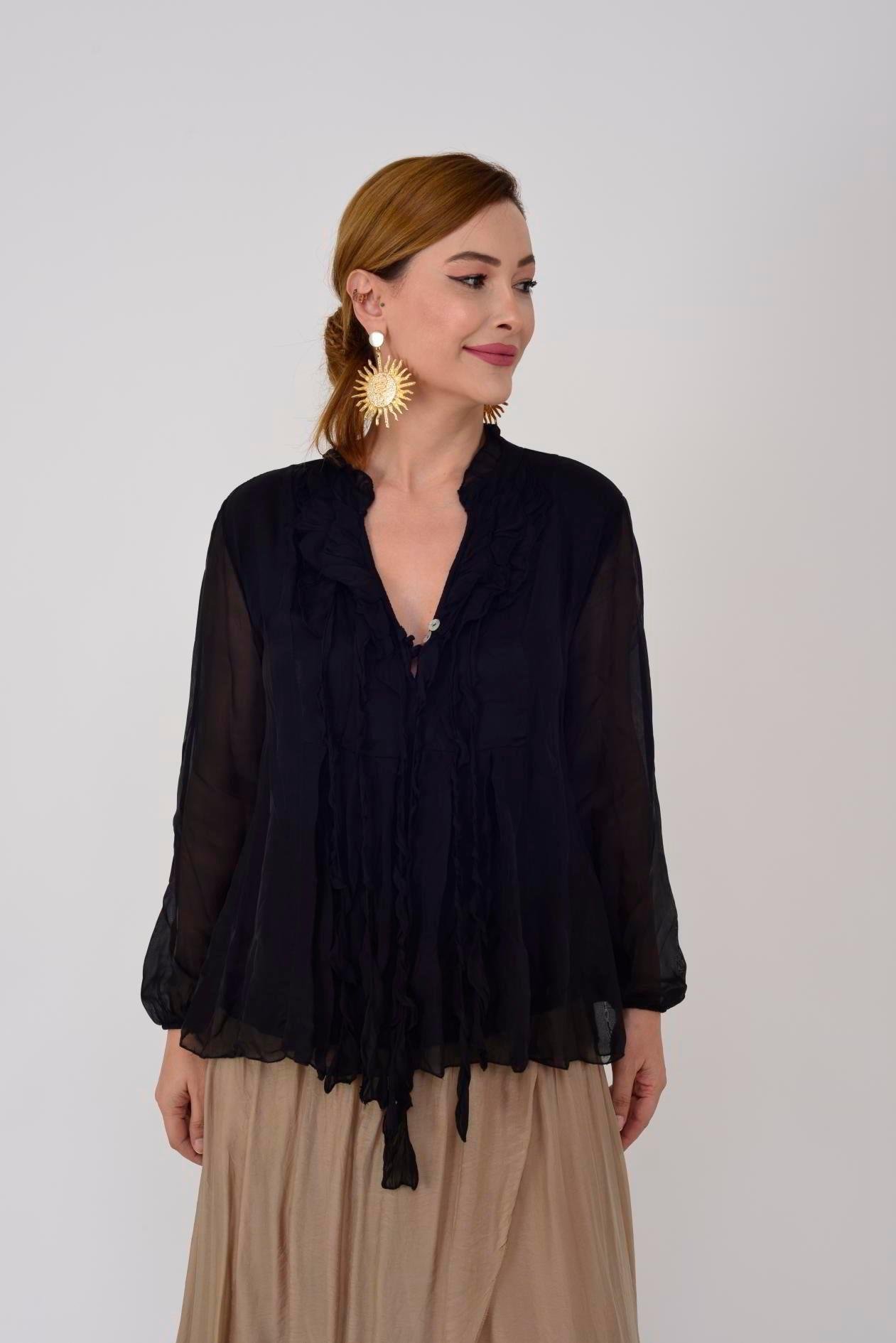 8603 Düğme Detay Fırfırlı İpek Bluz