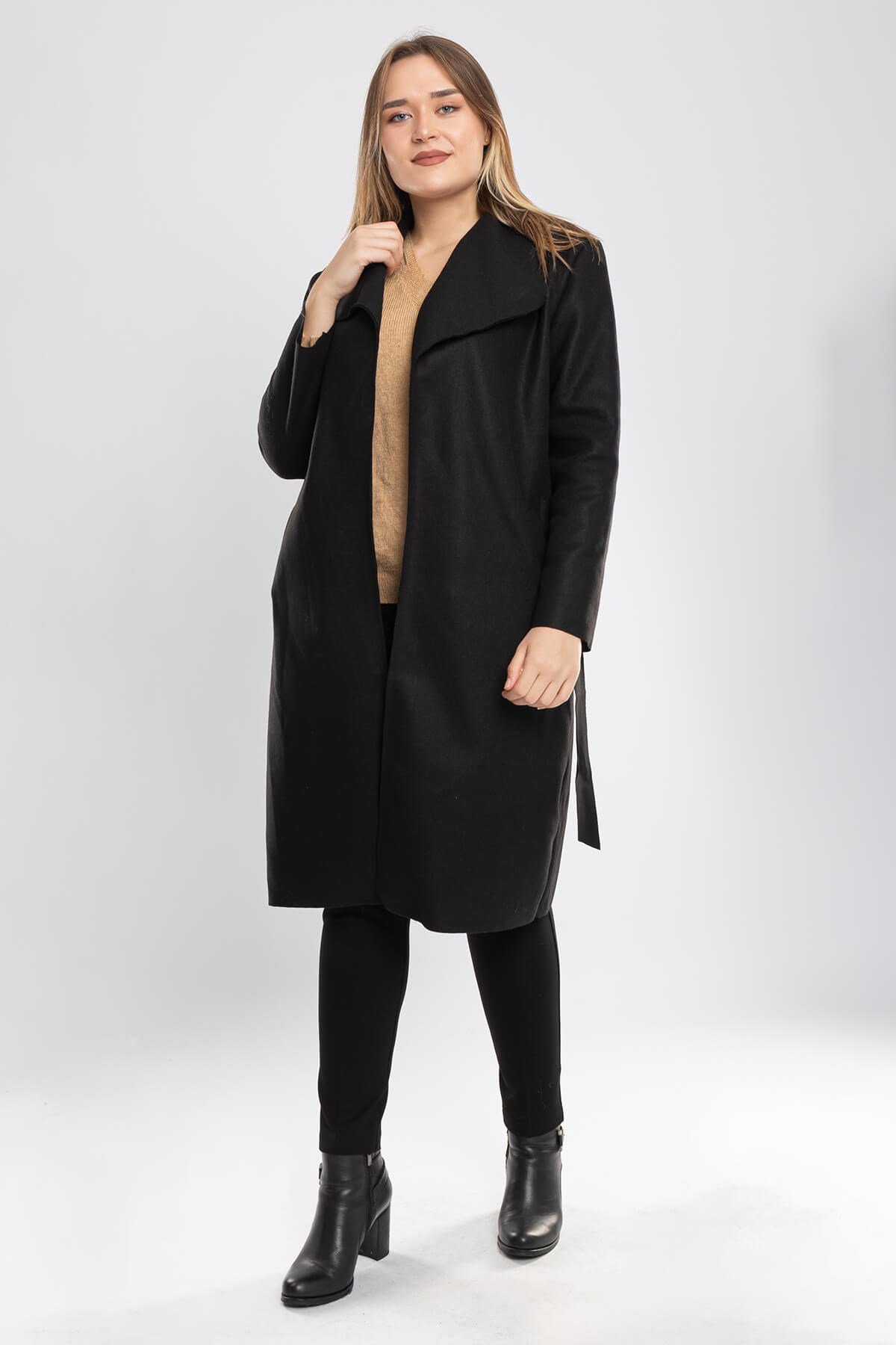 90041 Büyük Beden Şal Yaka Kuşaklı Kadın Keçe Kaban