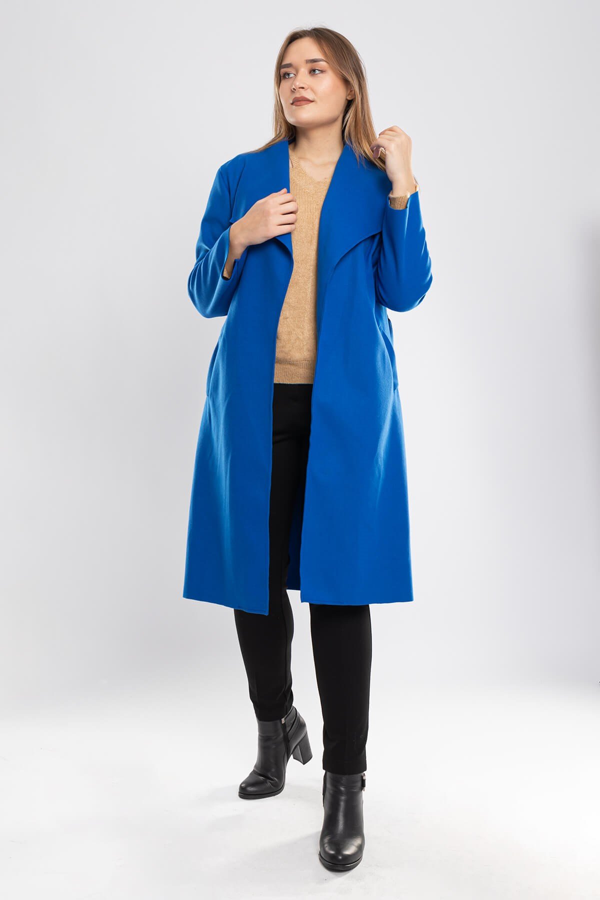 90041 Büyük Beden Şal Yaka Kuşaklı Kadın Keçe Kaban