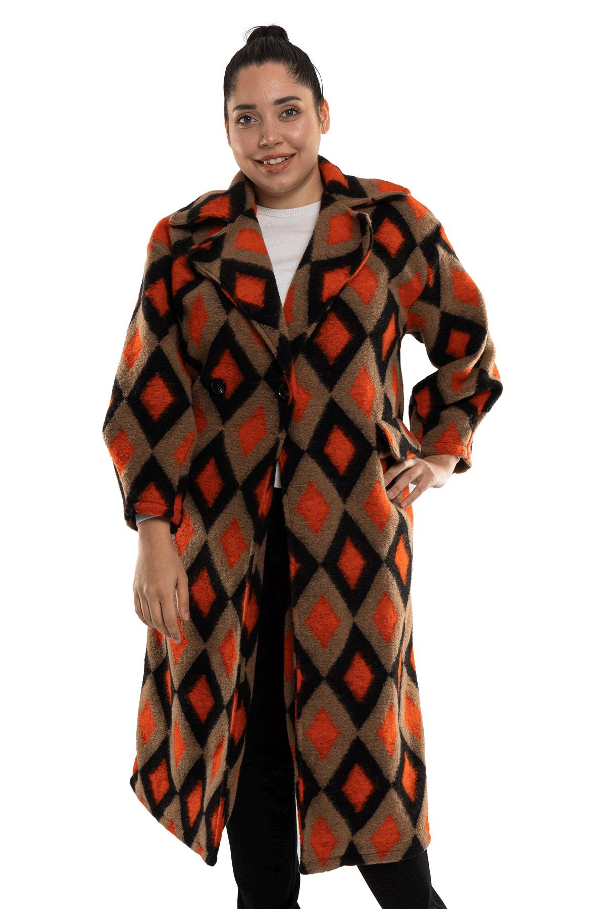 9005 Büyük Beden Baklava Desen Kadın Kaşe Kaban