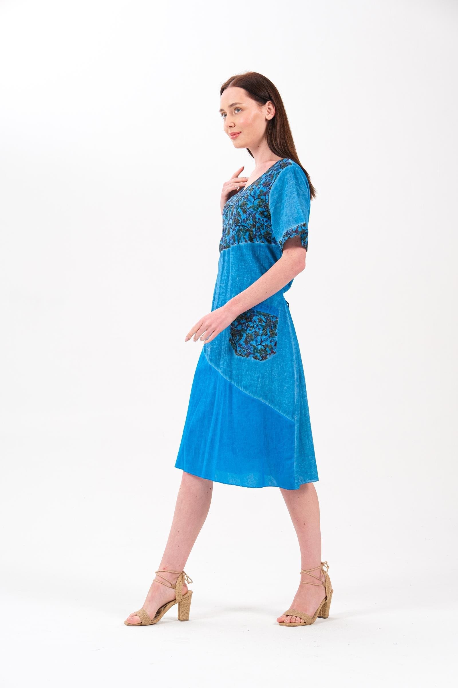 9024 Büyük Beden Cep Detay Kısa Kol Pamuk Otantik Elbise