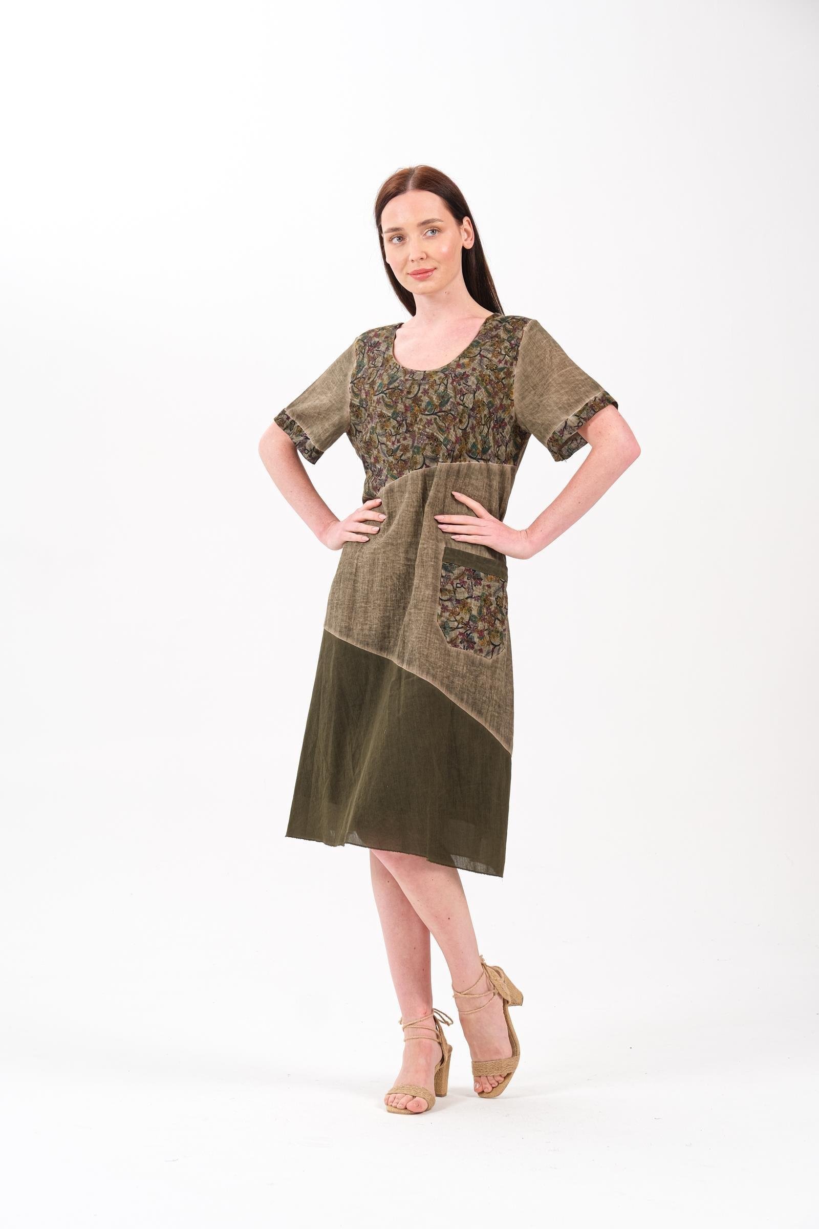 9024 Büyük Beden Cep Detay Kısa Kol Pamuk Otantik Elbise