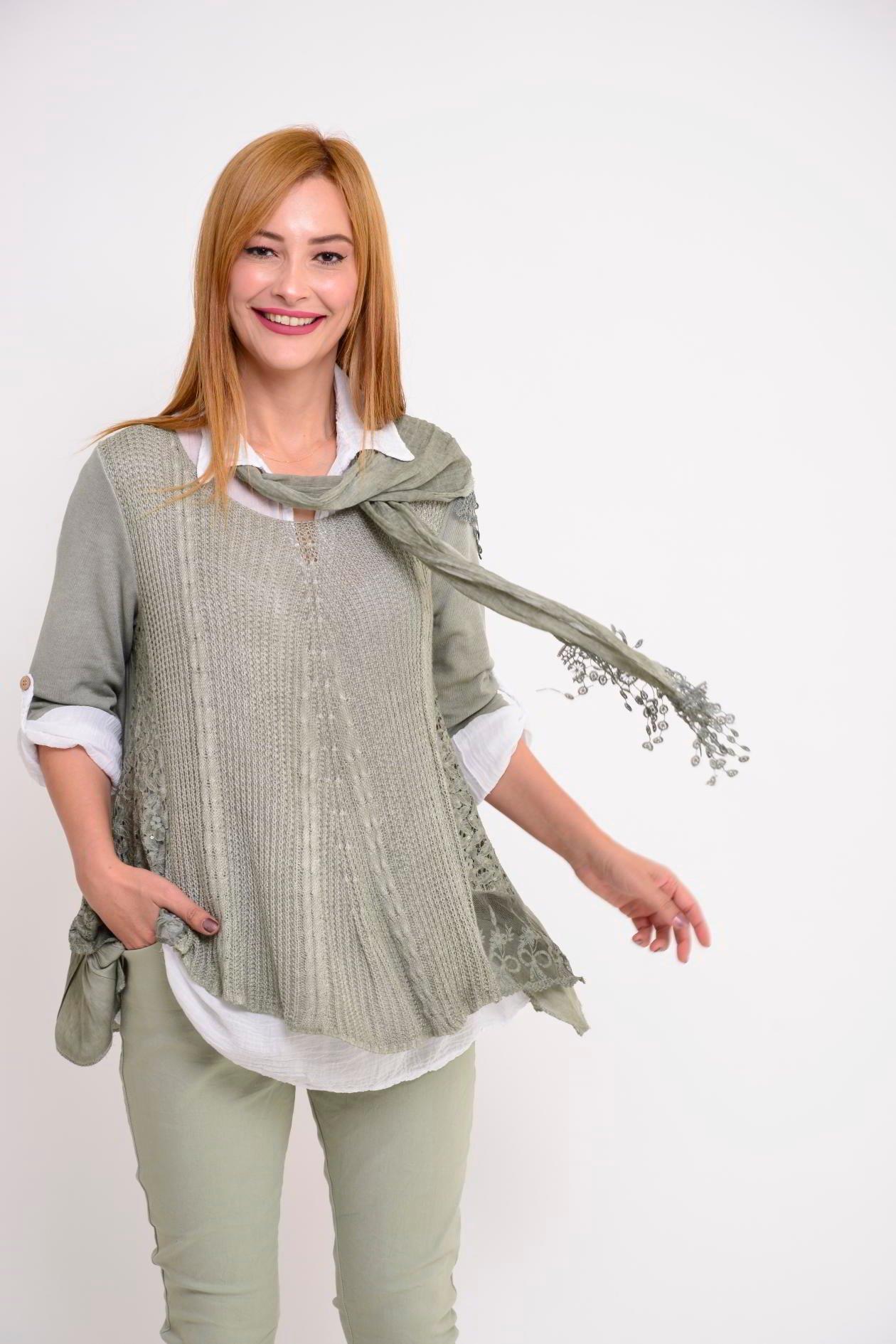 9039 Dantelli Fularlı 2'li Triko Bluz