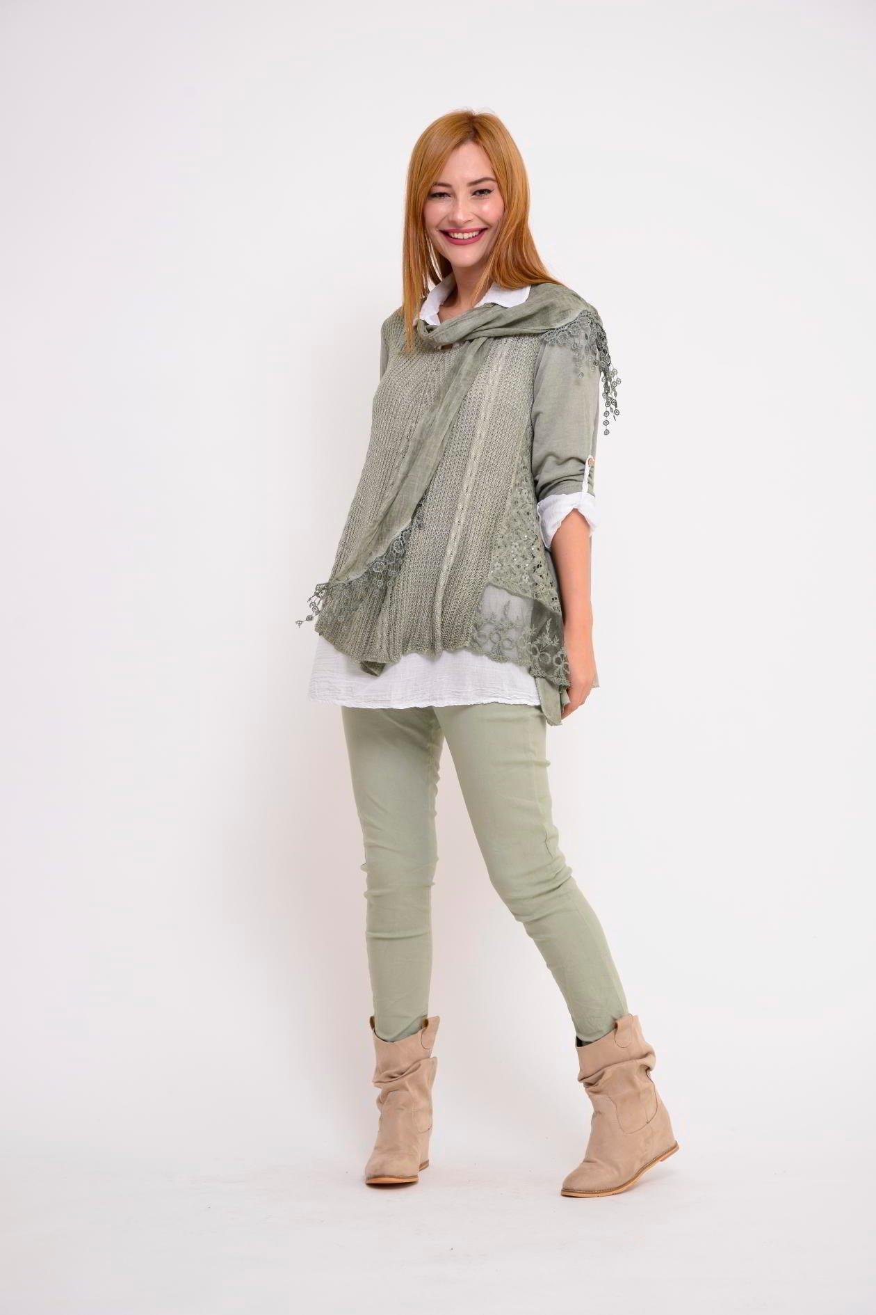 9039 Dantelli Fularlı 2'li Triko Bluz