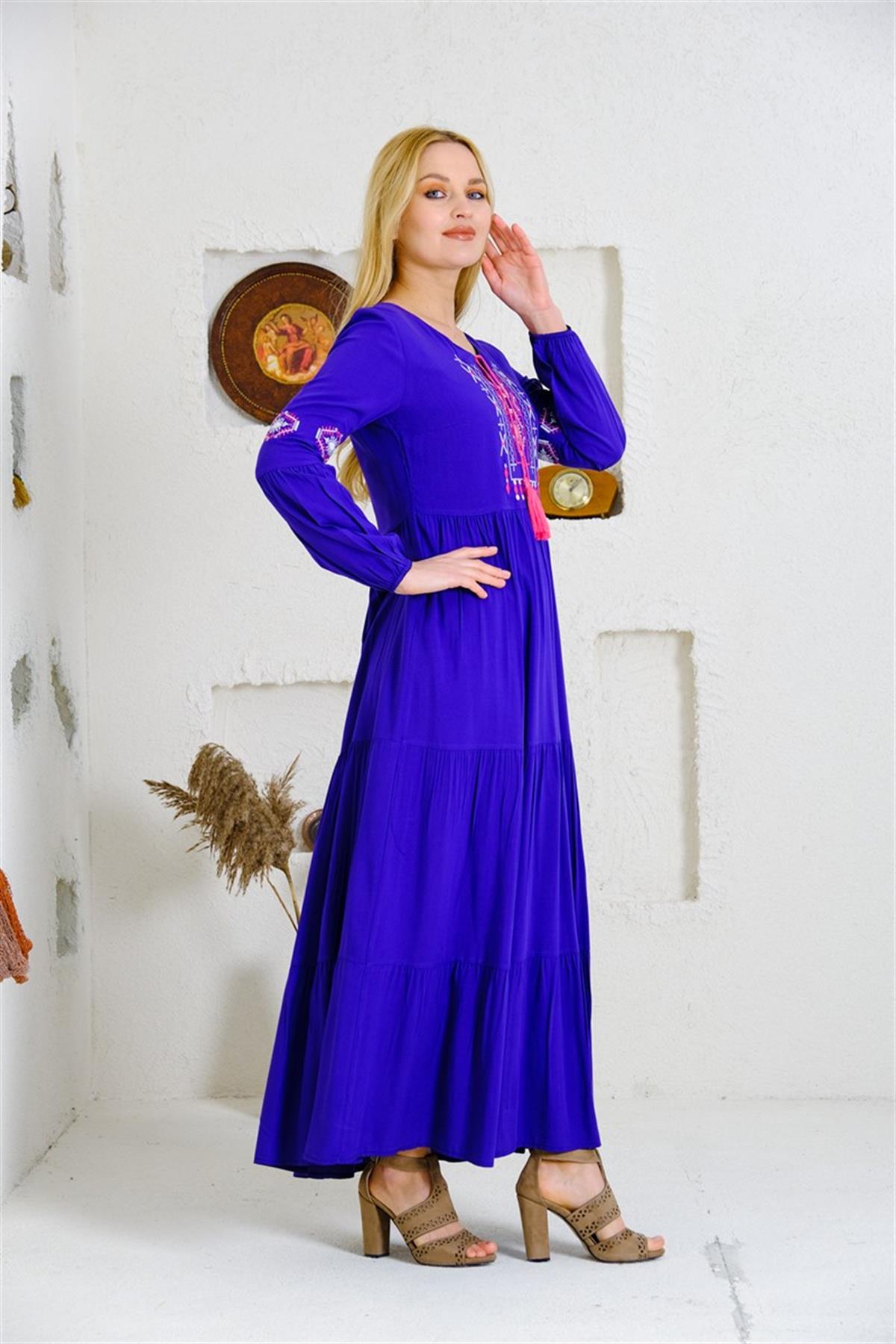 9041 Yaka Nakışlı Kollu Uzun Pamuk Otantik Elbise