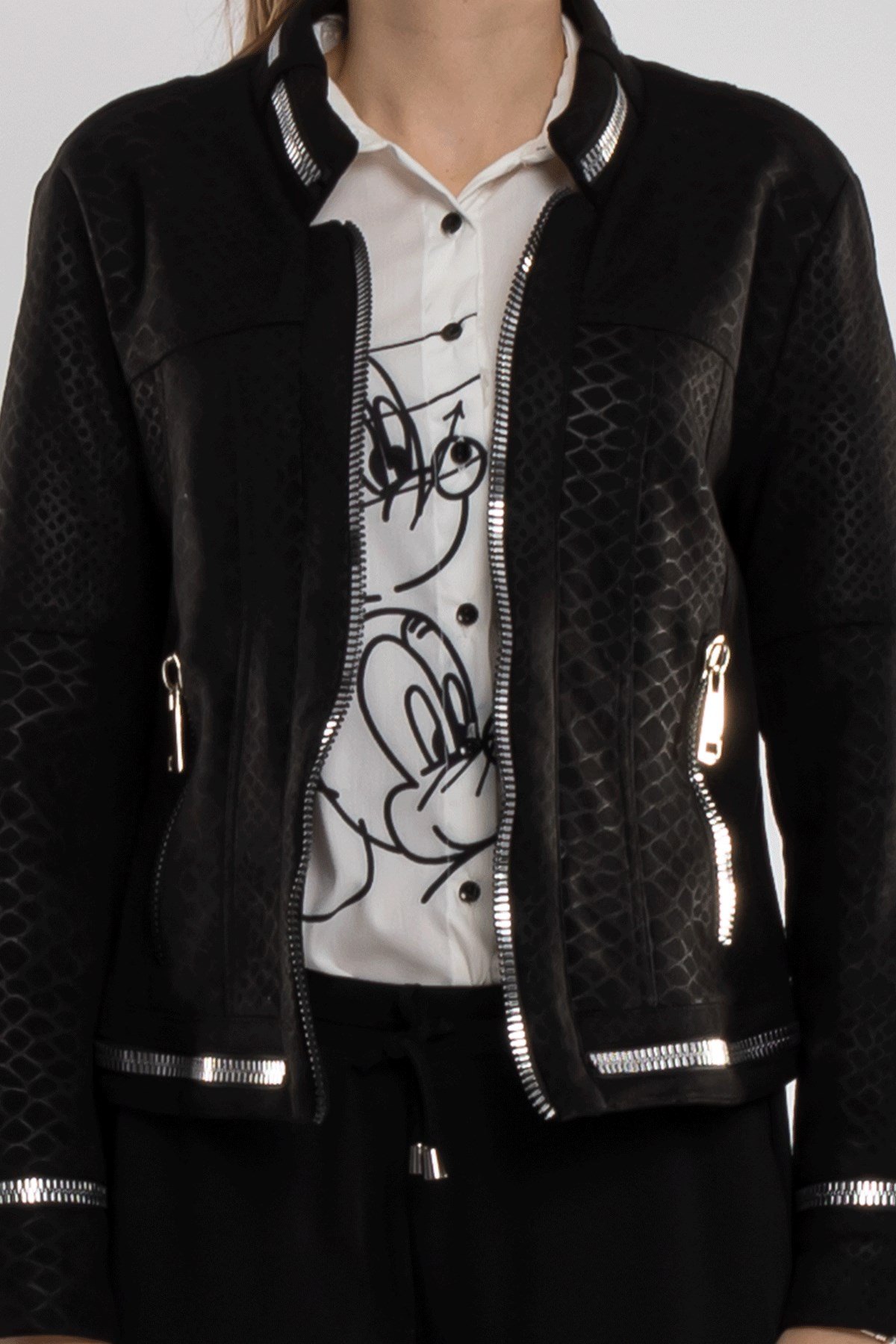 90456 Kendinden Desenli Fermuar Detay Nubuk Ceket