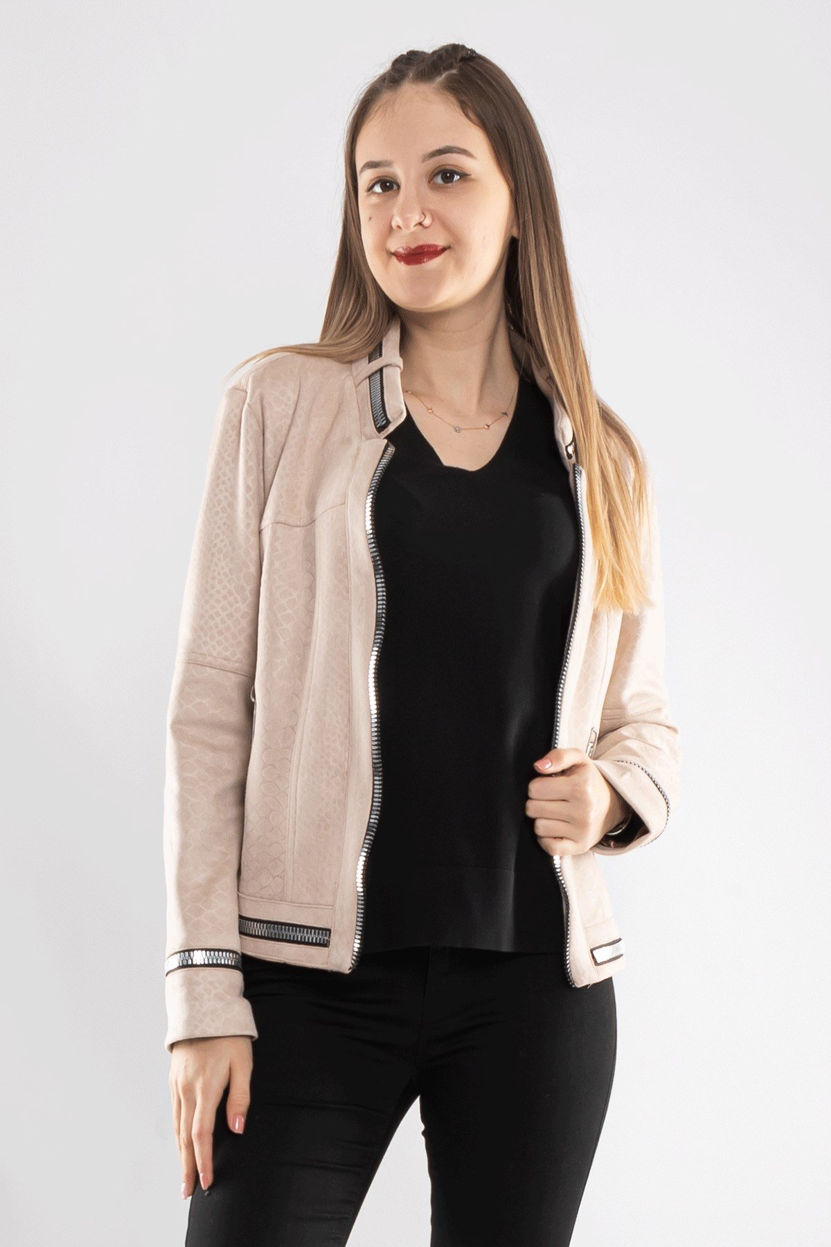 90456 Kendinden Desenli Fermuar Detay Nubuk Ceket