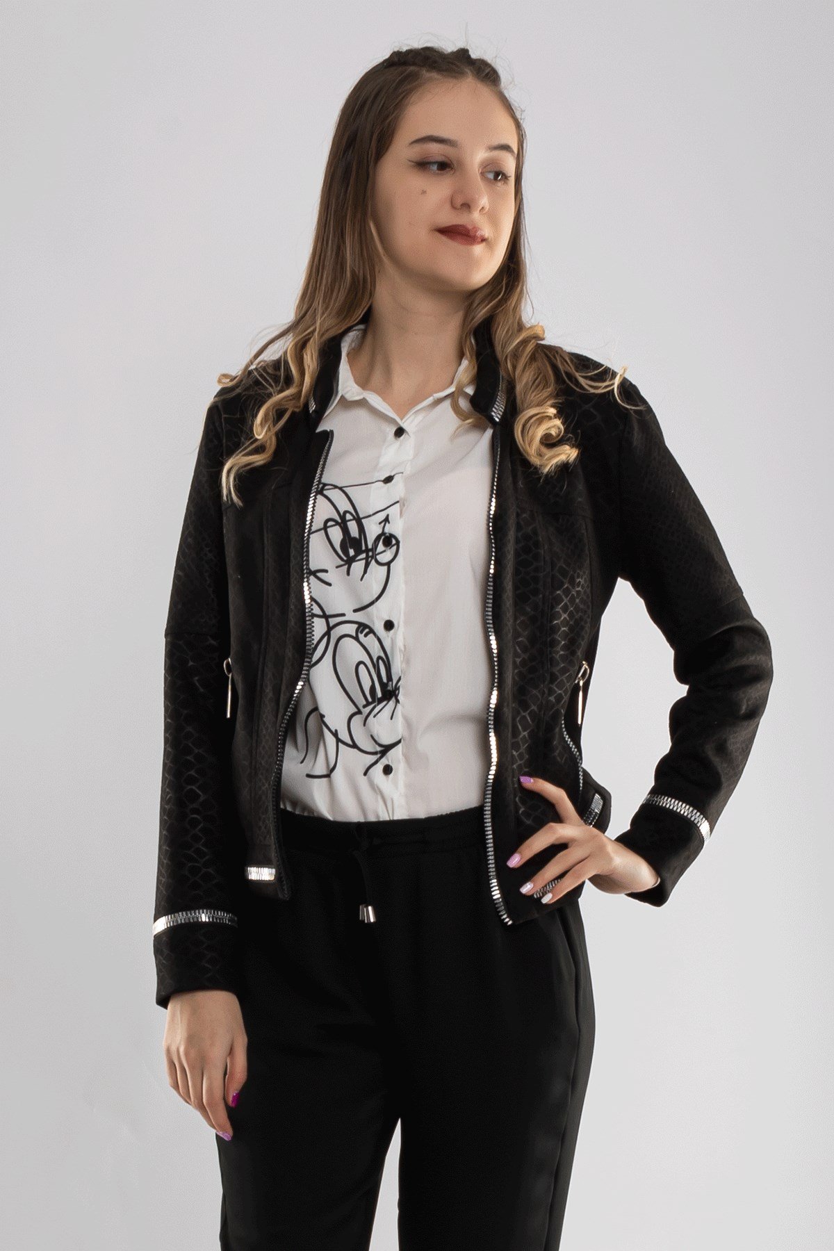 90456 Kendinden Desenli Fermuar Detay Nubuk Ceket