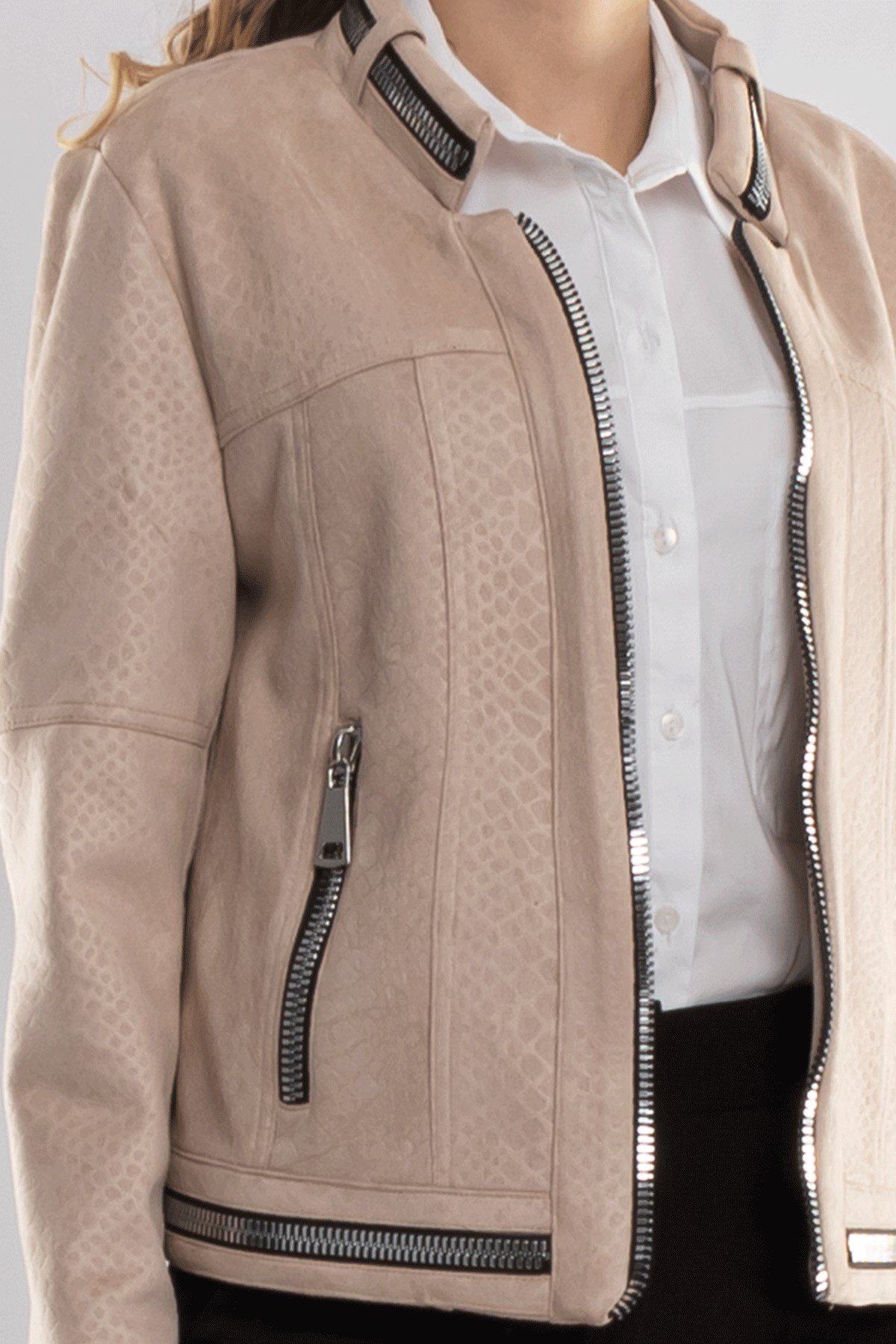 90456 Kendinden Desenli Fermuar Detay Nubuk Ceket