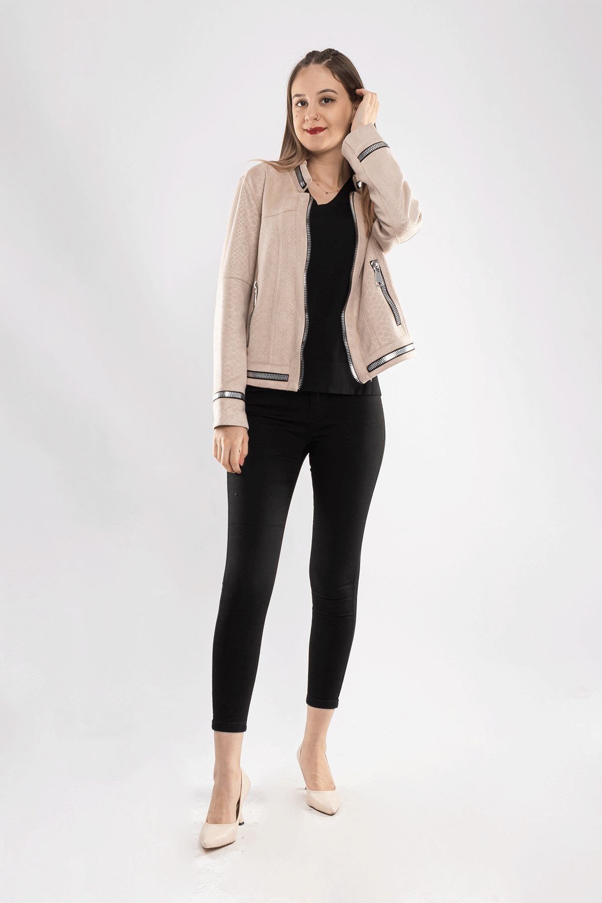 90456 Kendinden Desenli Fermuar Detay Nubuk Ceket