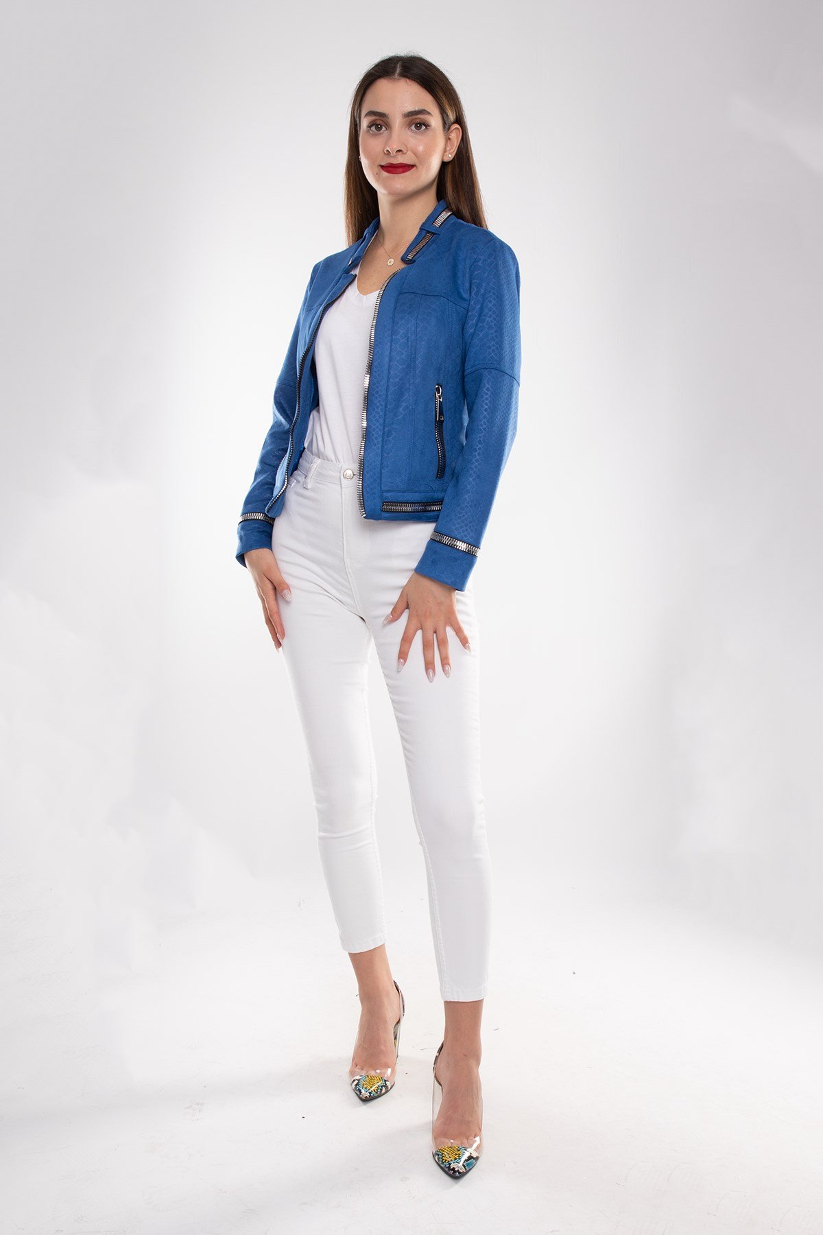 90456 Kendinden Desenli Fermuar Detay Nubuk Ceket