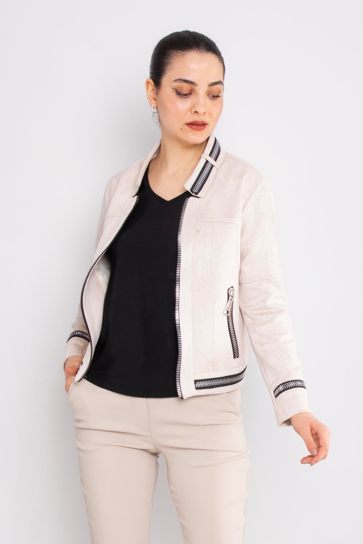 90456 Kendinden Desenli Fermuar Detay Nubuk Ceket