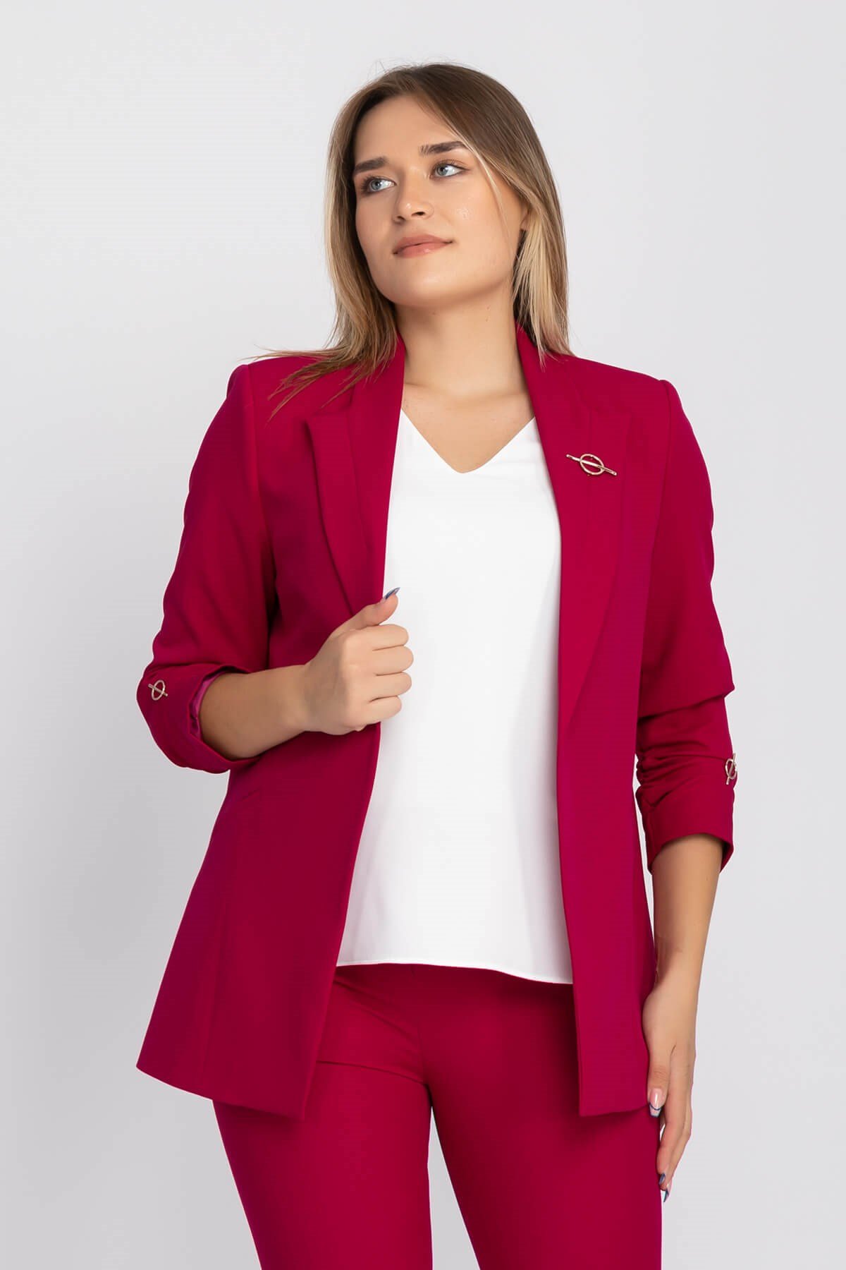 90503 Broşlu Büzgülü Ko Astarlarlı Blazer Ceket