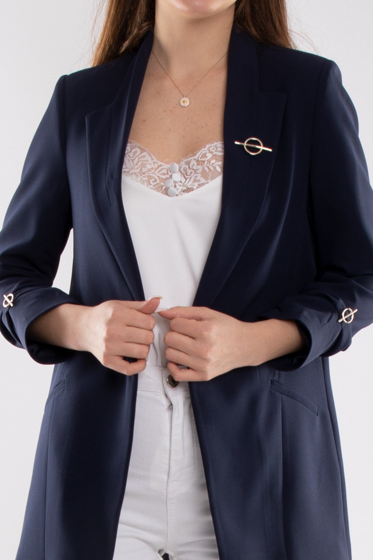 90503 Broşlu Büzgülü Kol Astarlarlı Blazer Ceket