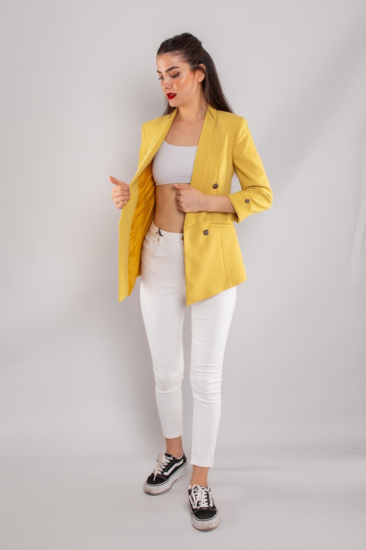 90599 6 Gold Düğme Detay Blazer Kadın Ceket