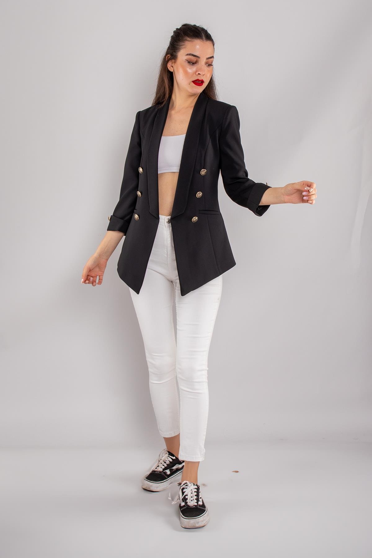 90599 6 Gold Düğme Detay Blazer Kadın Ceket