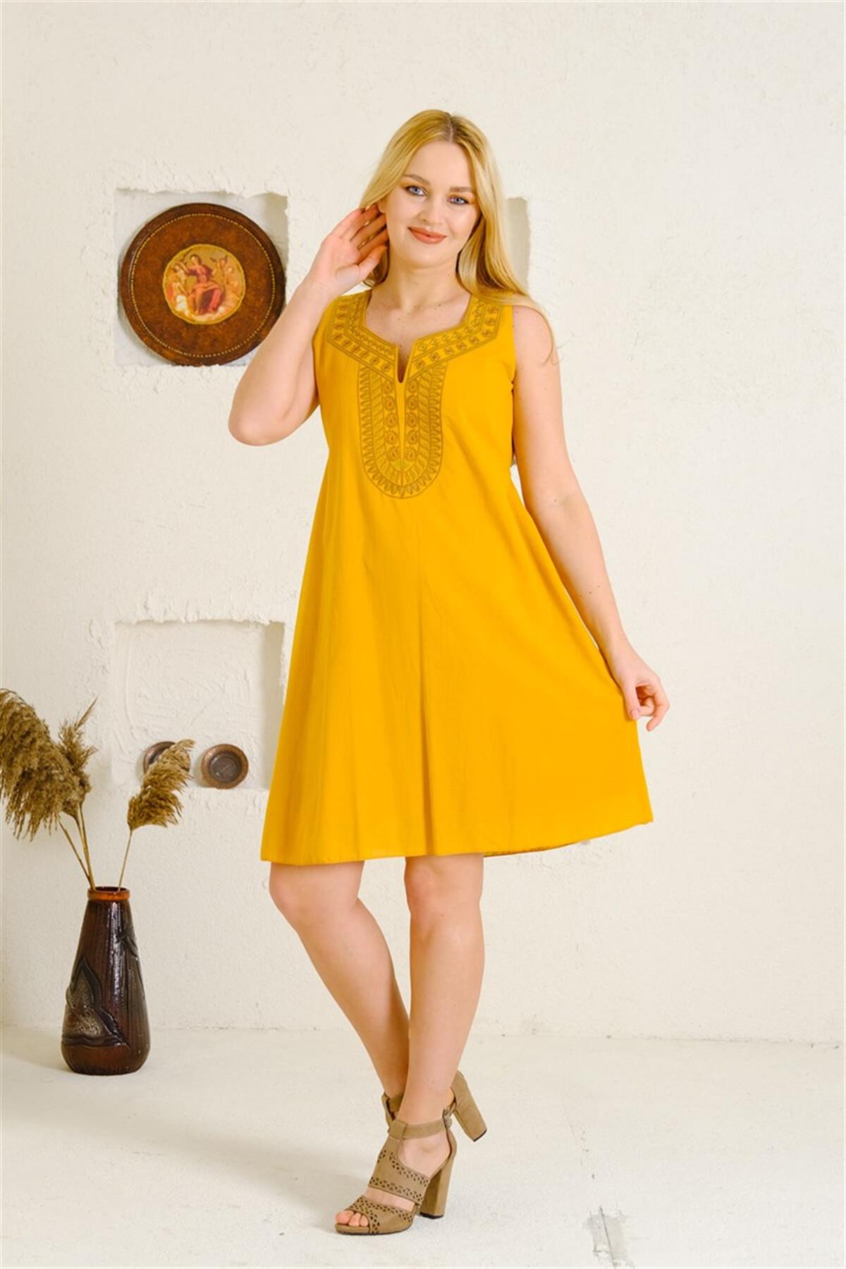 9060 Etnik Desen Kolsuz Pamuk Otantik Elbise