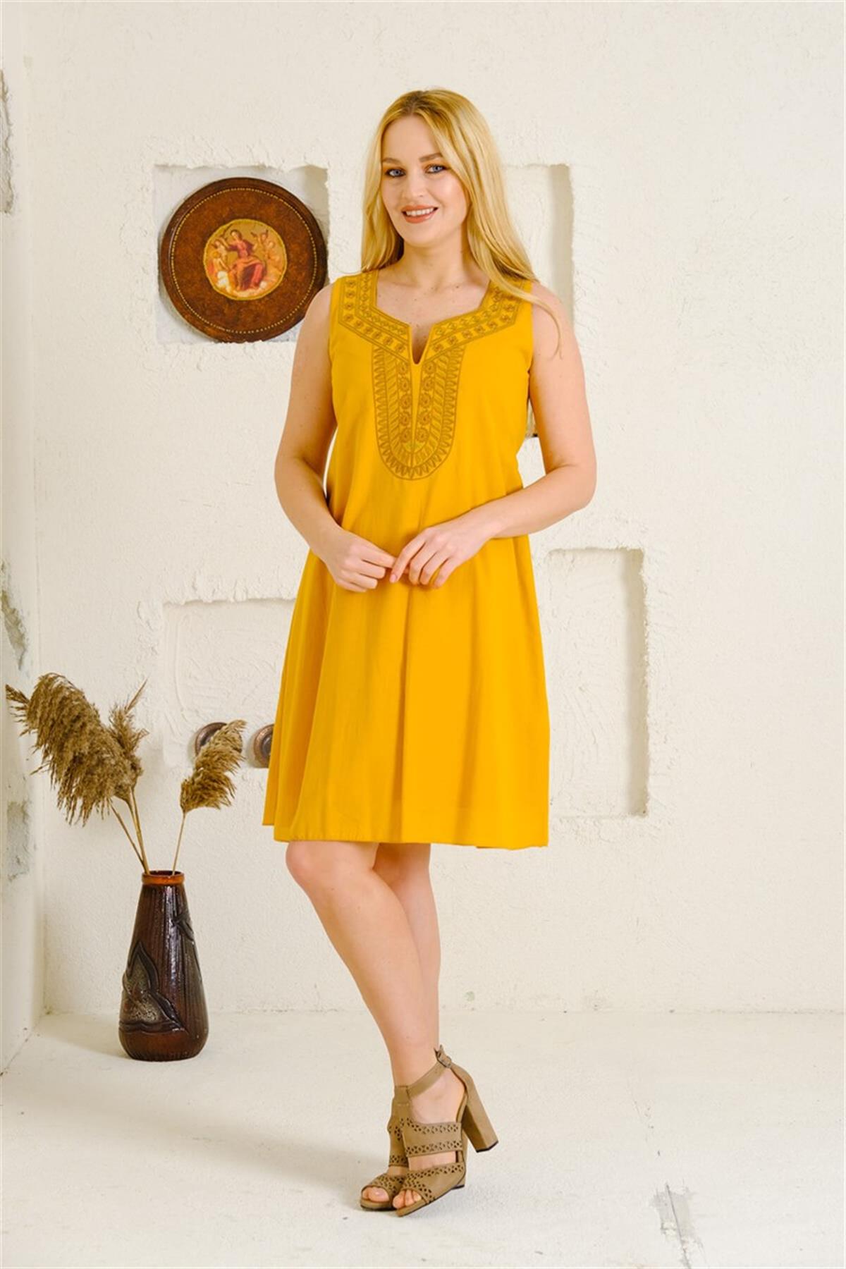 9060 Etnik Desen Kolsuz Pamuk Otantik Elbise