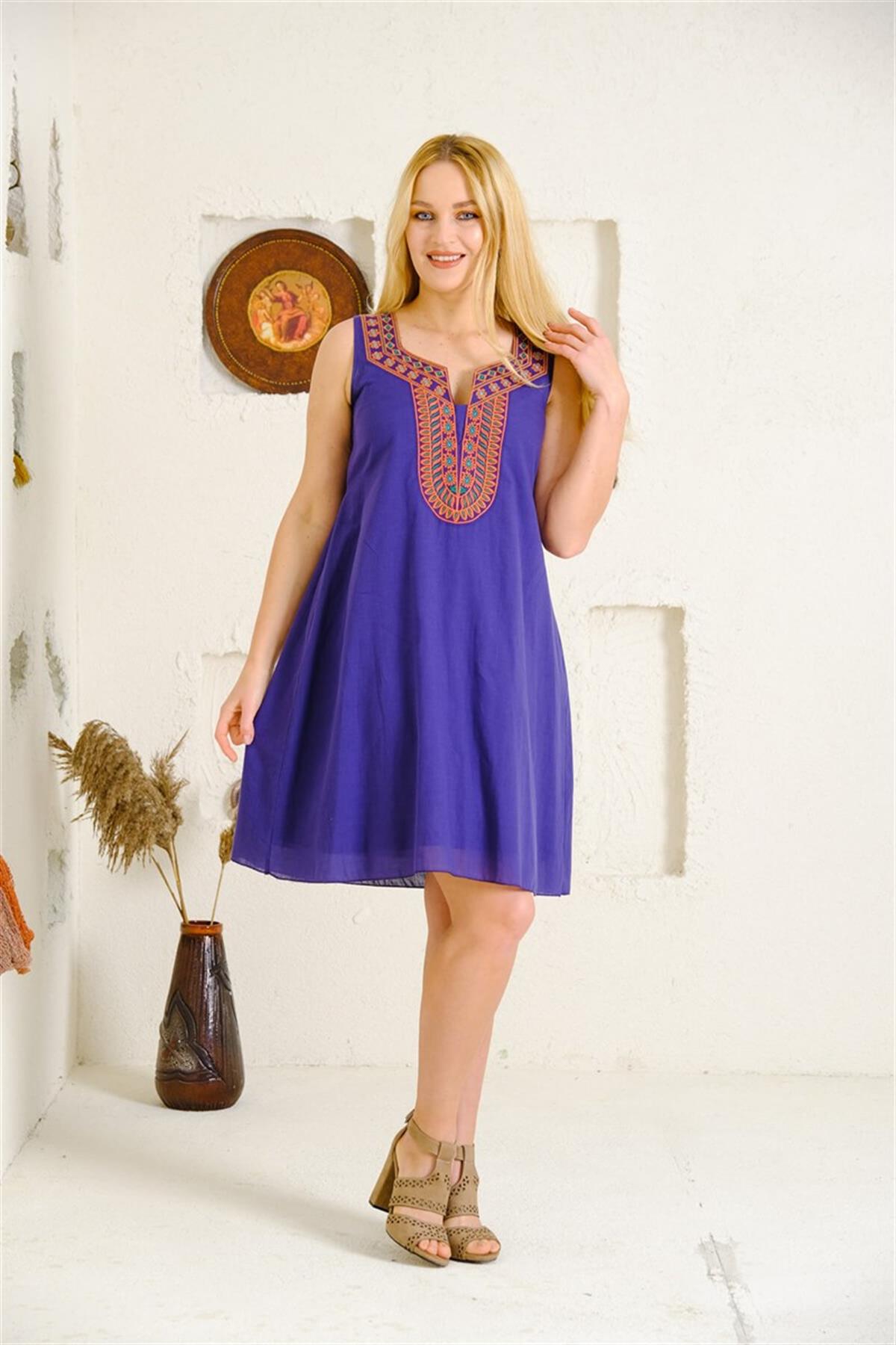 9060 Etnik Desen Kolsuz Pamuk Otantik Elbise