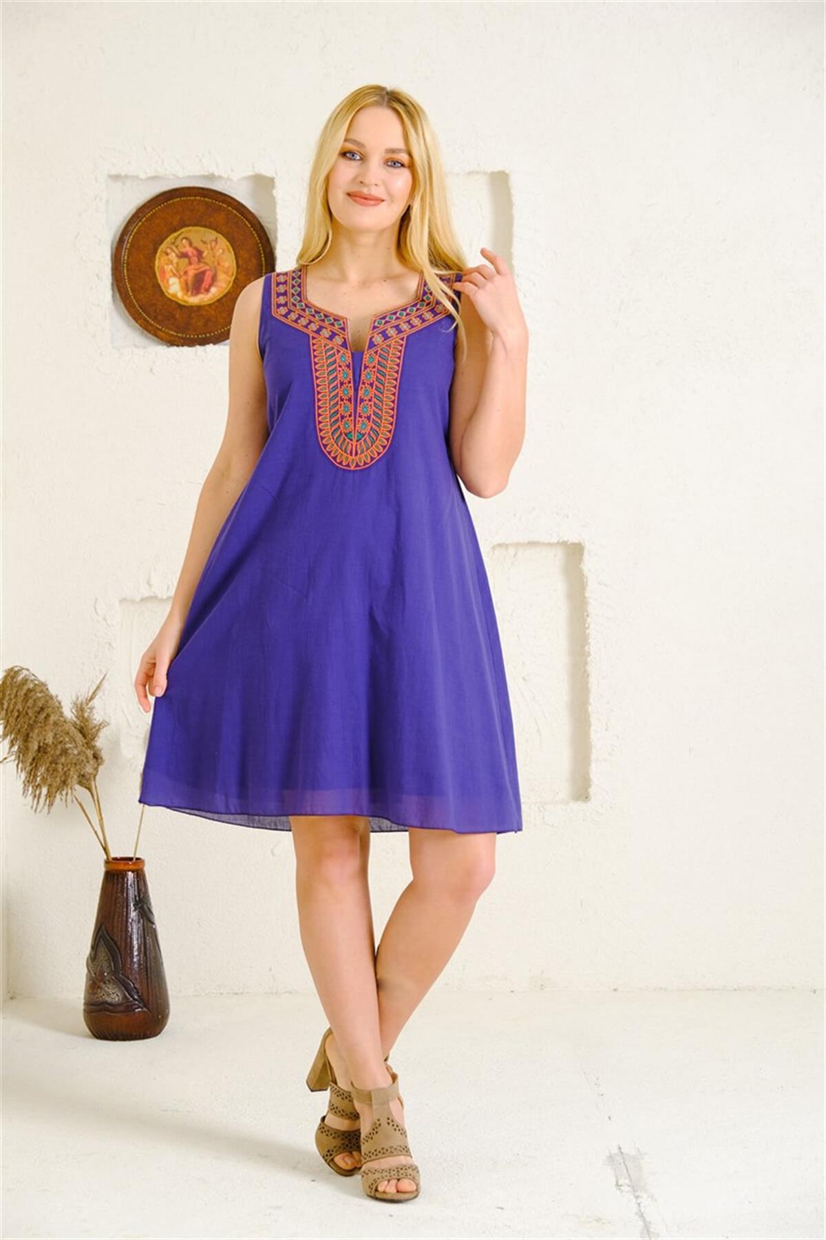 9060 Etnik Desen Kolsuz Pamuk Otantik Elbise