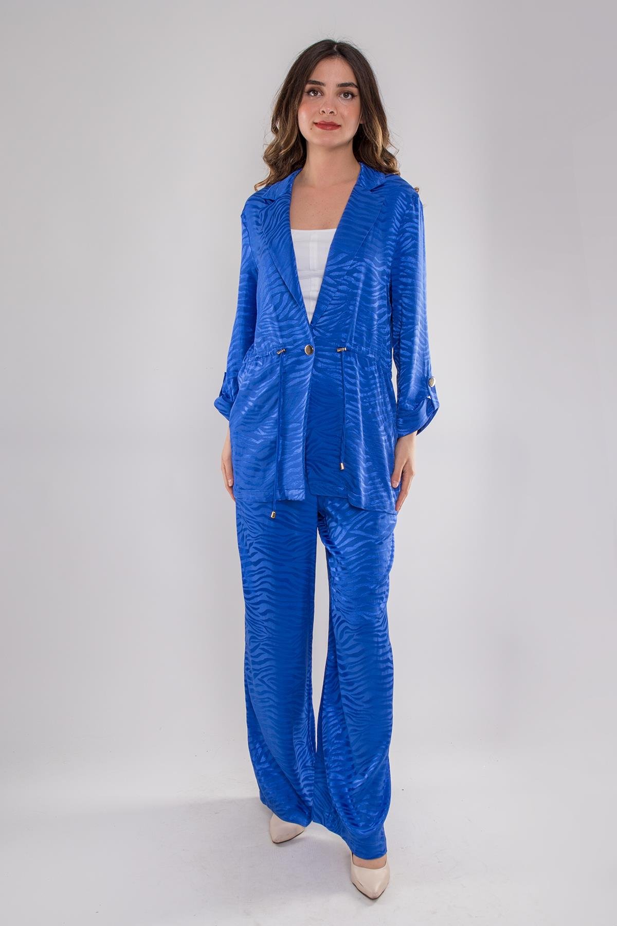 90642-70560 Kaplan Desen Jakarlı Beli Bağcıklı Ceket Pantolon Kombin Viscon Takım