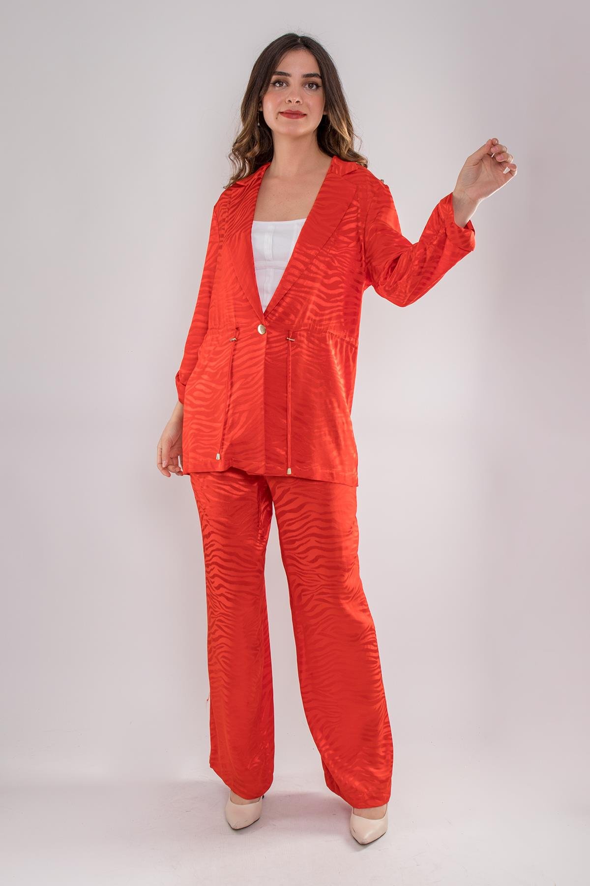 90642-70560 Kaplan Desen Jakarlı Beli Bağcıklı Ceket Pantolon Kombin Viscon Takım