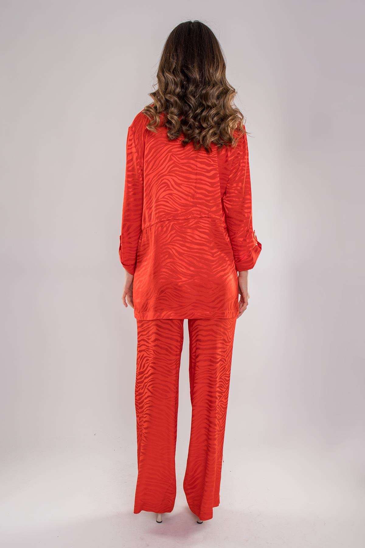 90642-70560 Kaplan Desen Jakarlı Beli Bağcıklı Ceket Pantolon Kombin Viscon Takım