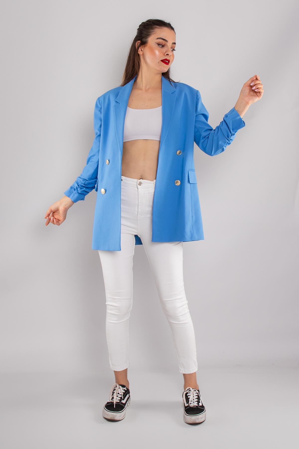 90648 Kol Büzgülü Düğme Detay Pamuk Uzun Kadın Ceket