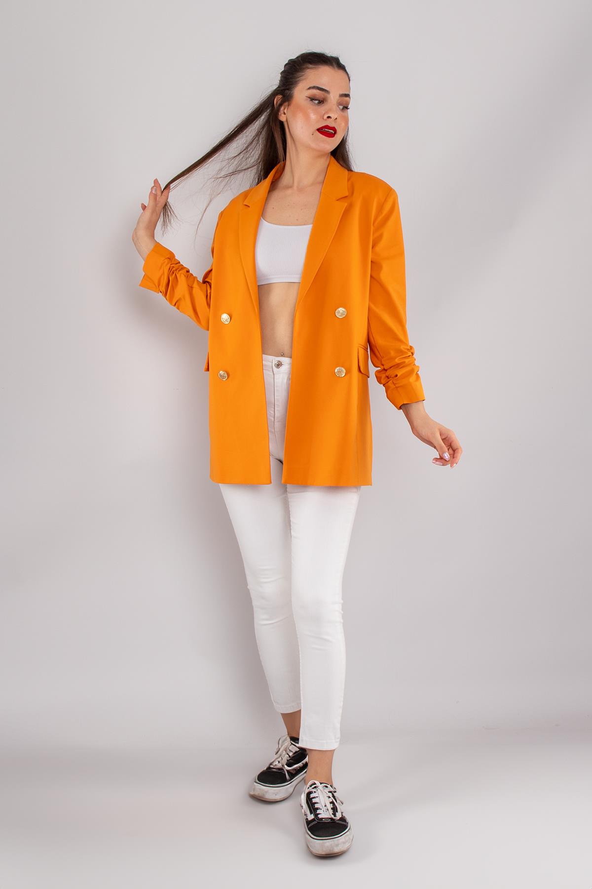 90648 Kol Büzgülü Düğme Detay Pamuk Uzun Kadın Ceket